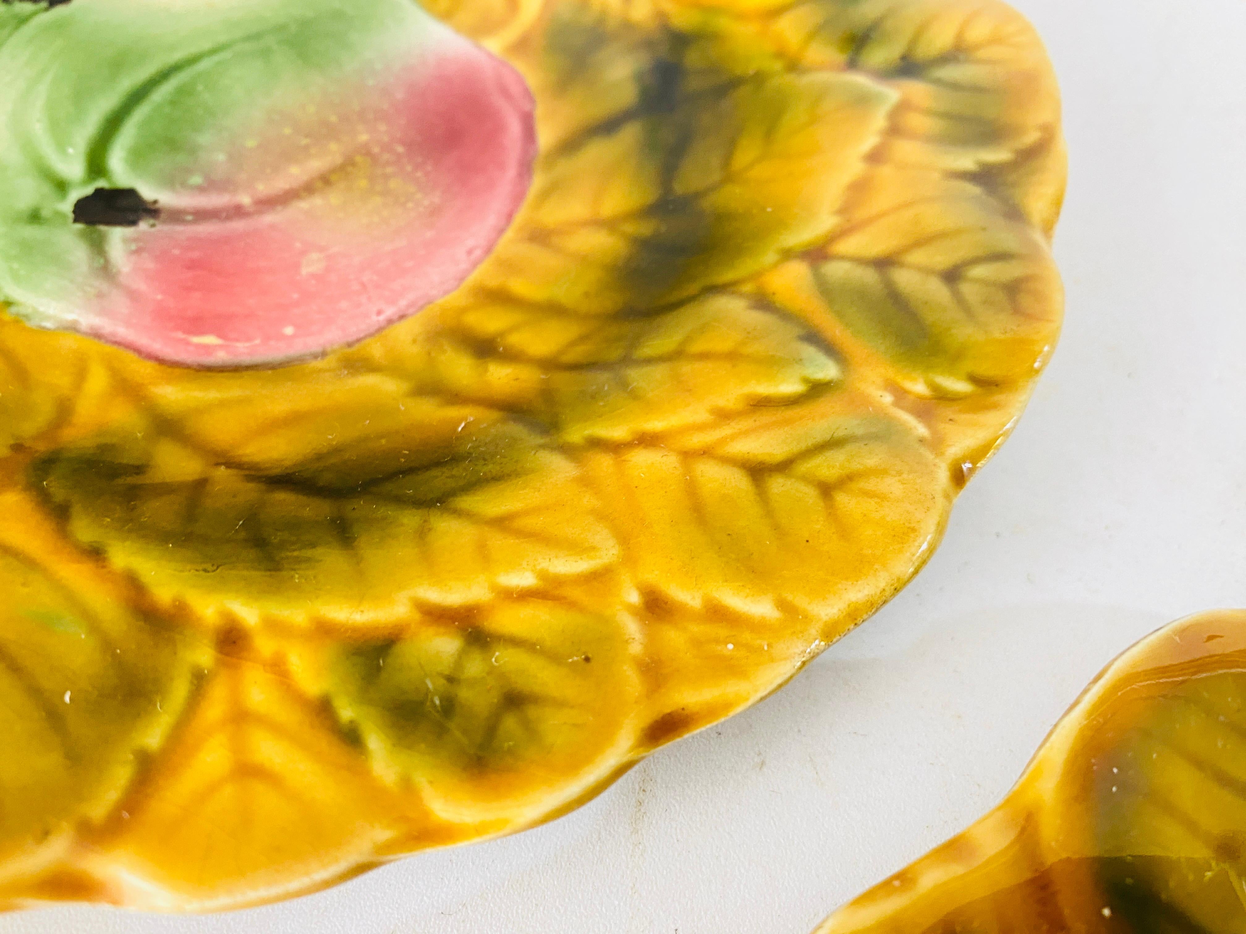 Hand-Painted Majolica Fruits Plates Sarreguemines circa 1880 Set of 2 Signed Yellow Color For Sale