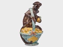 Majolica Garden Figure Exotic Monkey Figure with fruit basket