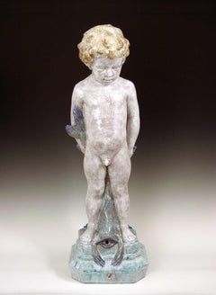 Majolica Garden Figure Figure of a boy with a fish as a figure or for a fountain