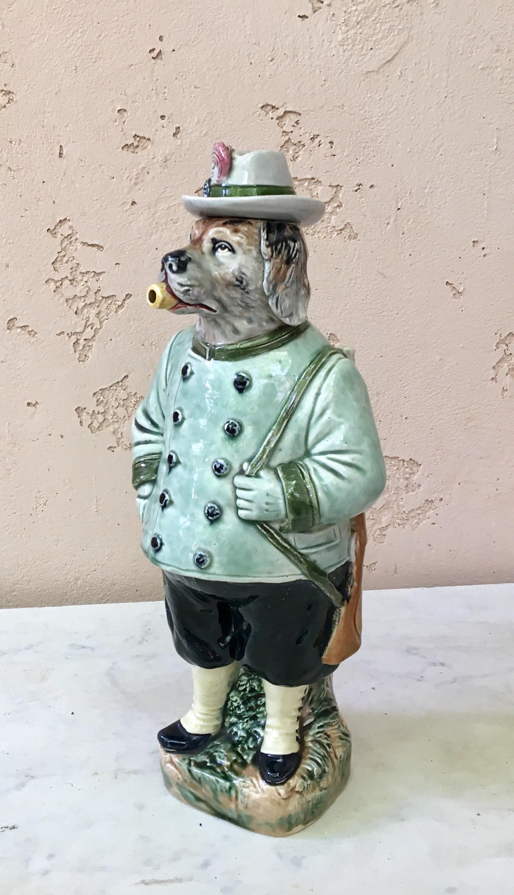 Majolica German Dog Bottle, circa 1890 In Good Condition In Austin, TX
