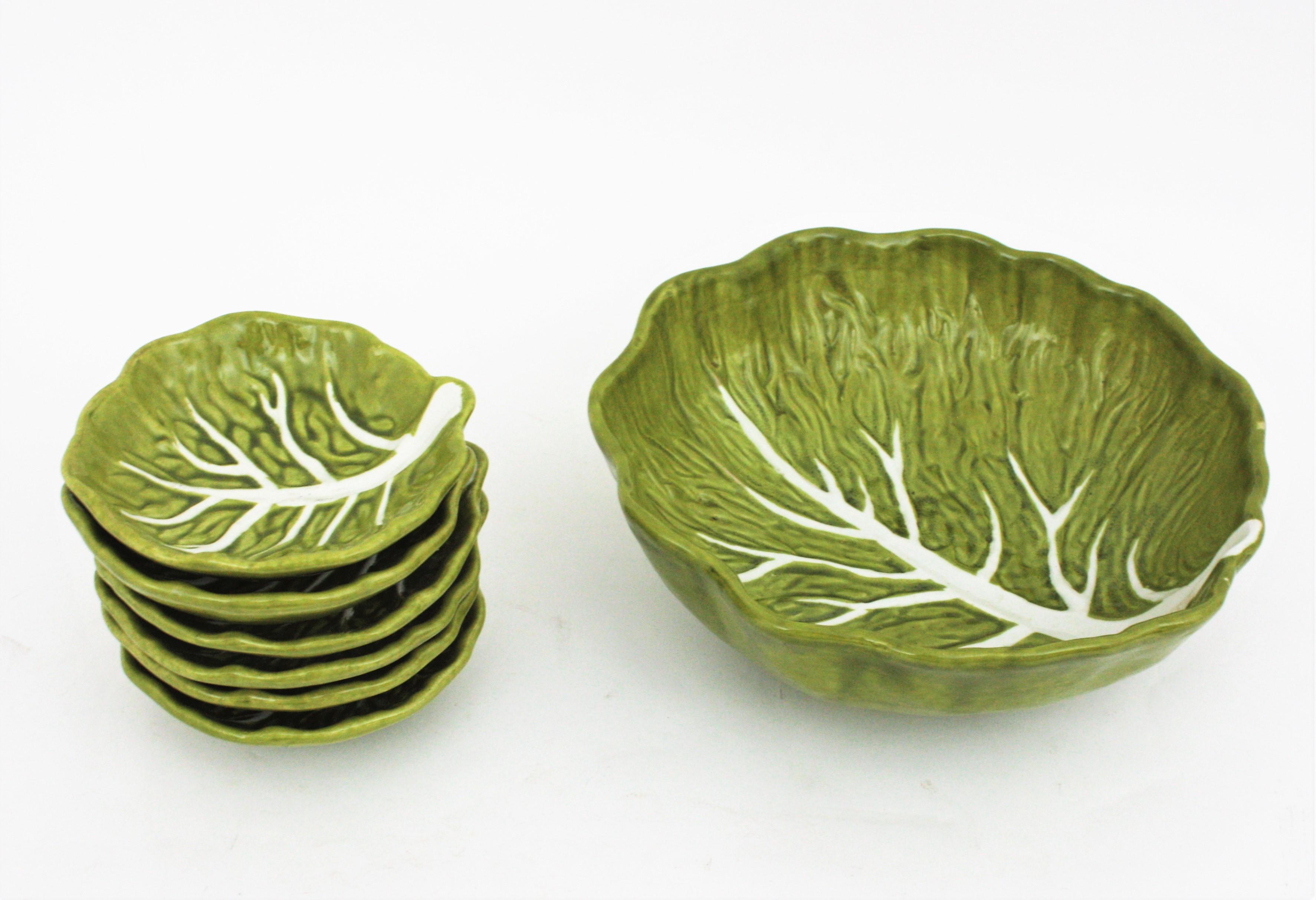 Mid-Century Modern Majolica Glazed Ceramic Cabbage Tableware Serving Set for Six, 1960s For Sale