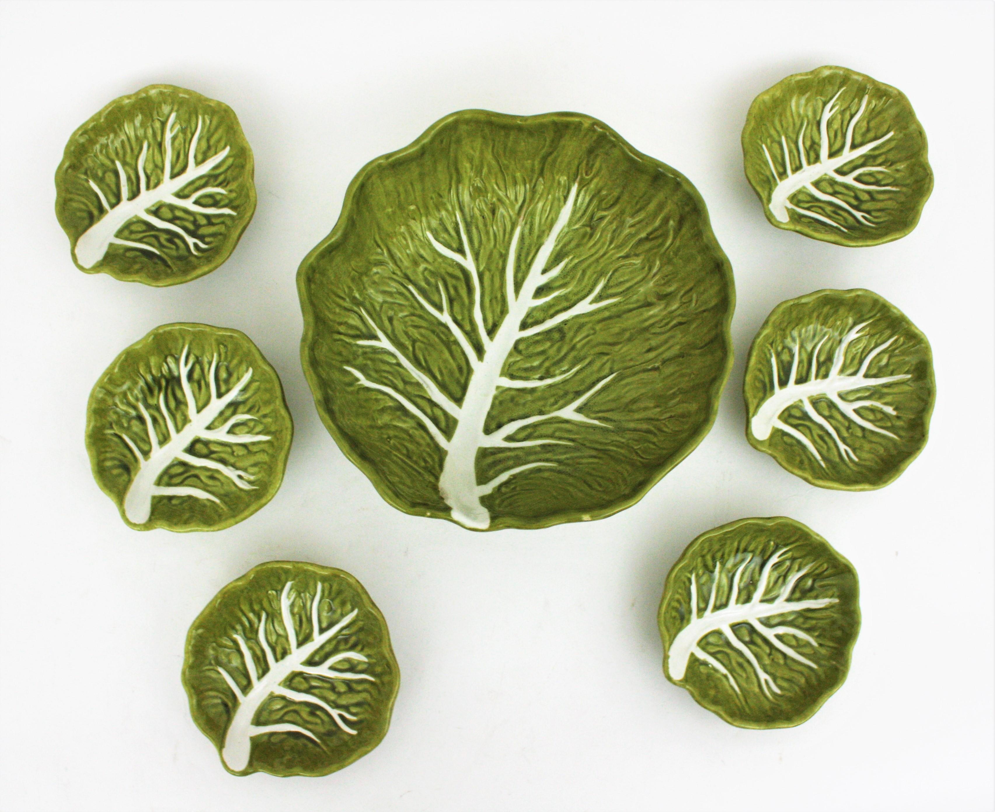 20th Century Majolica Glazed Ceramic Cabbage Tableware Serving Set for Six, 1960s For Sale