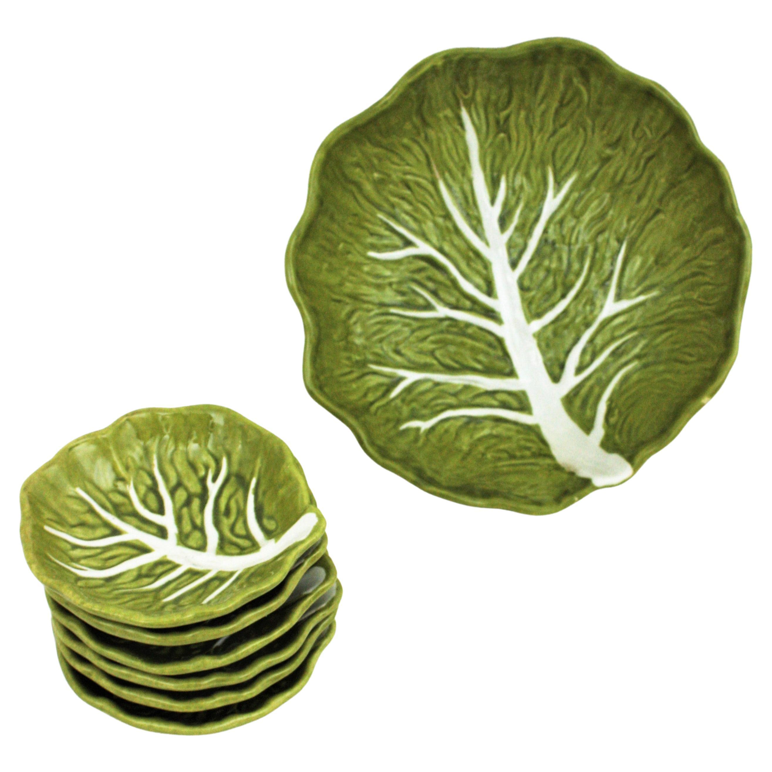 Majolica Glazed Ceramic Cabbage Tableware Serving Set for Six, 1960s For Sale