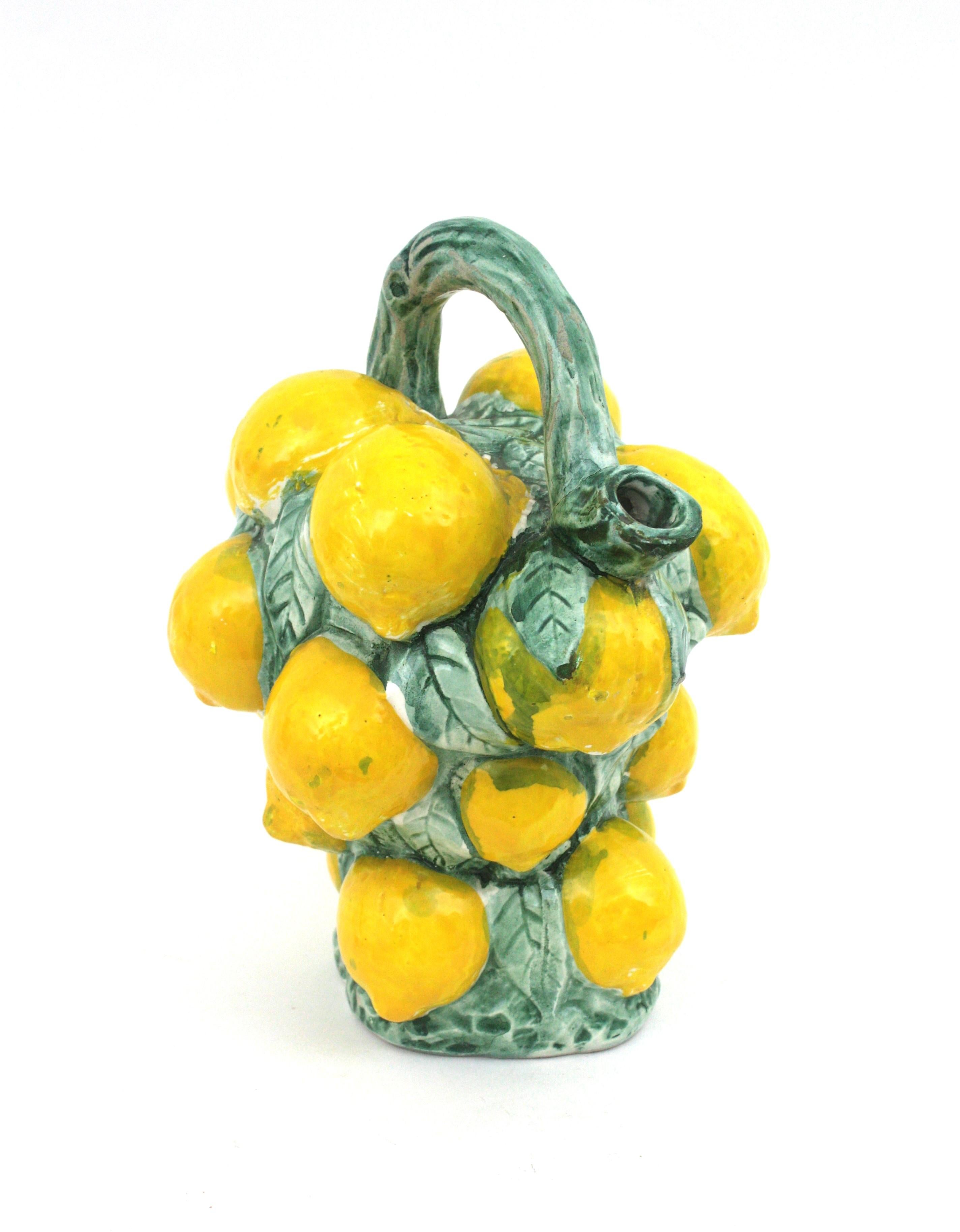 Mid-Century Modern Majolica Glazed Ceramic Lemons Pitcher / Jug, Spain, 1960s For Sale