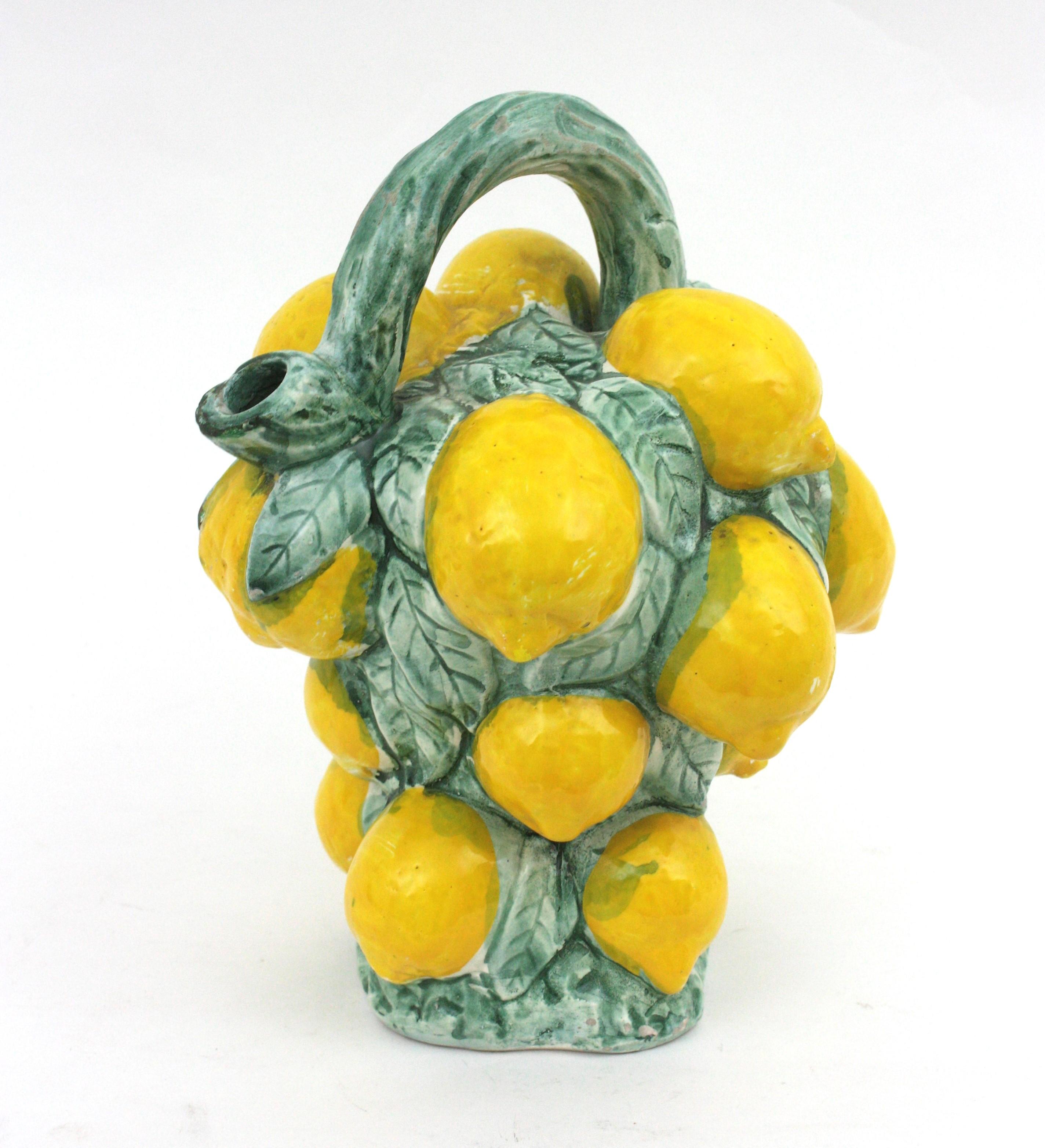 Majolica Glazed Ceramic Lemons Pitcher / Jug, Spain, 1960s In Good Condition For Sale In Barcelona, ES