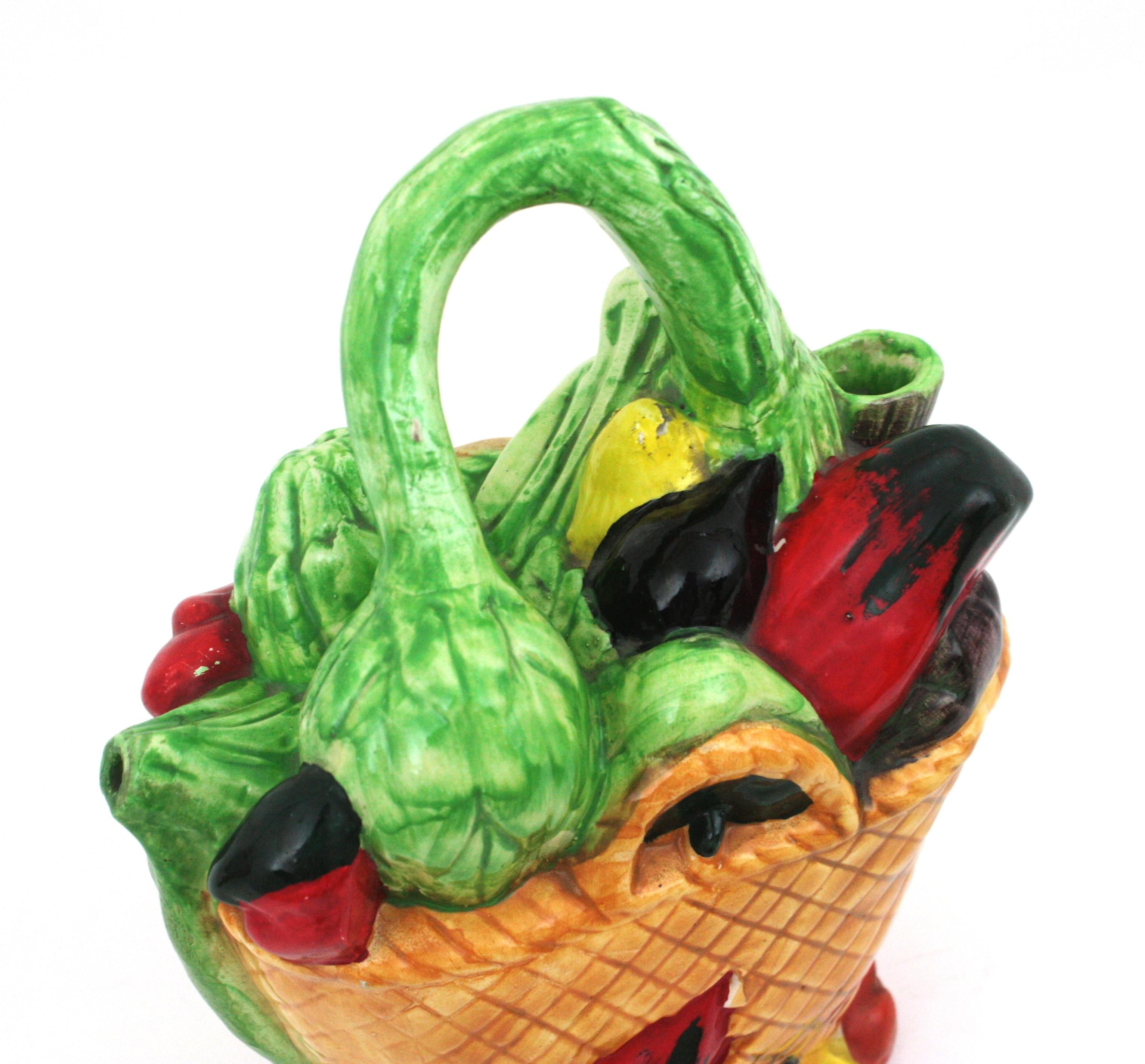 Majolica Glazed Ceramic Vegetables Basket Pitcher / Jug, Spain, 1960s For Sale 4