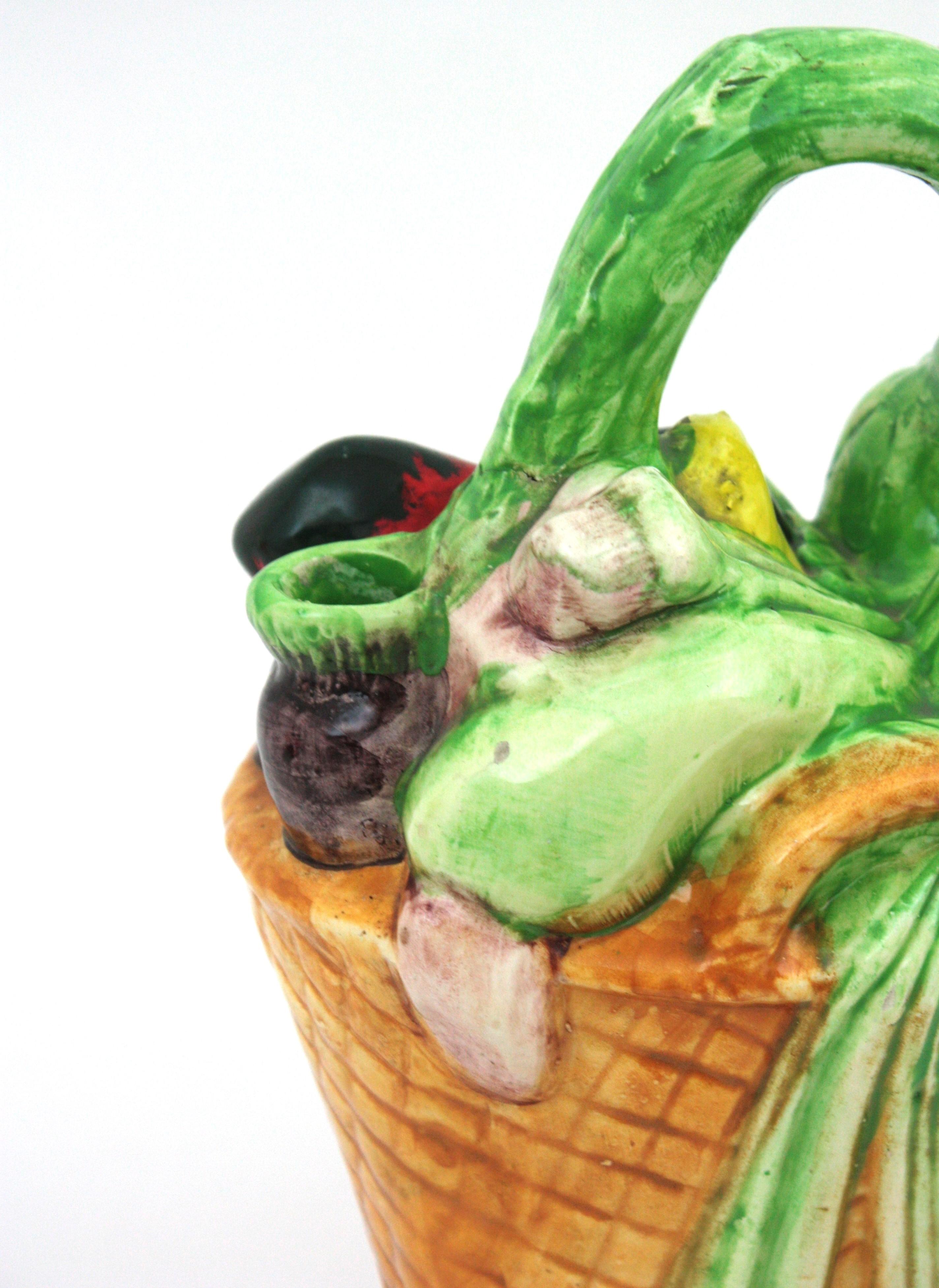Majolica Glazed Ceramic Vegetables Basket Pitcher / Jug, Spain, 1960s In Good Condition For Sale In Barcelona, ES