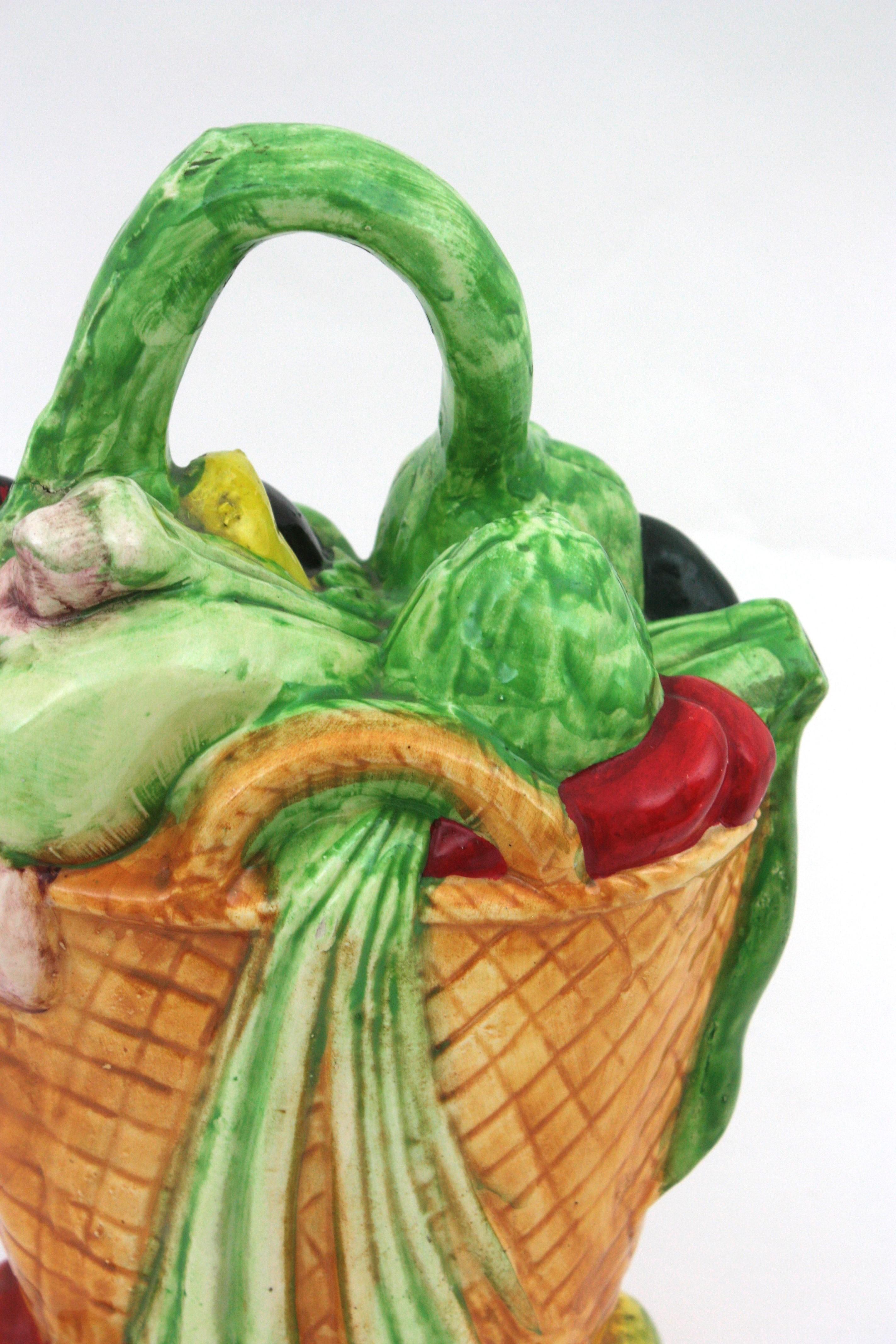 20th Century Majolica Glazed Ceramic Vegetables Basket Pitcher / Jug, Spain, 1960s For Sale