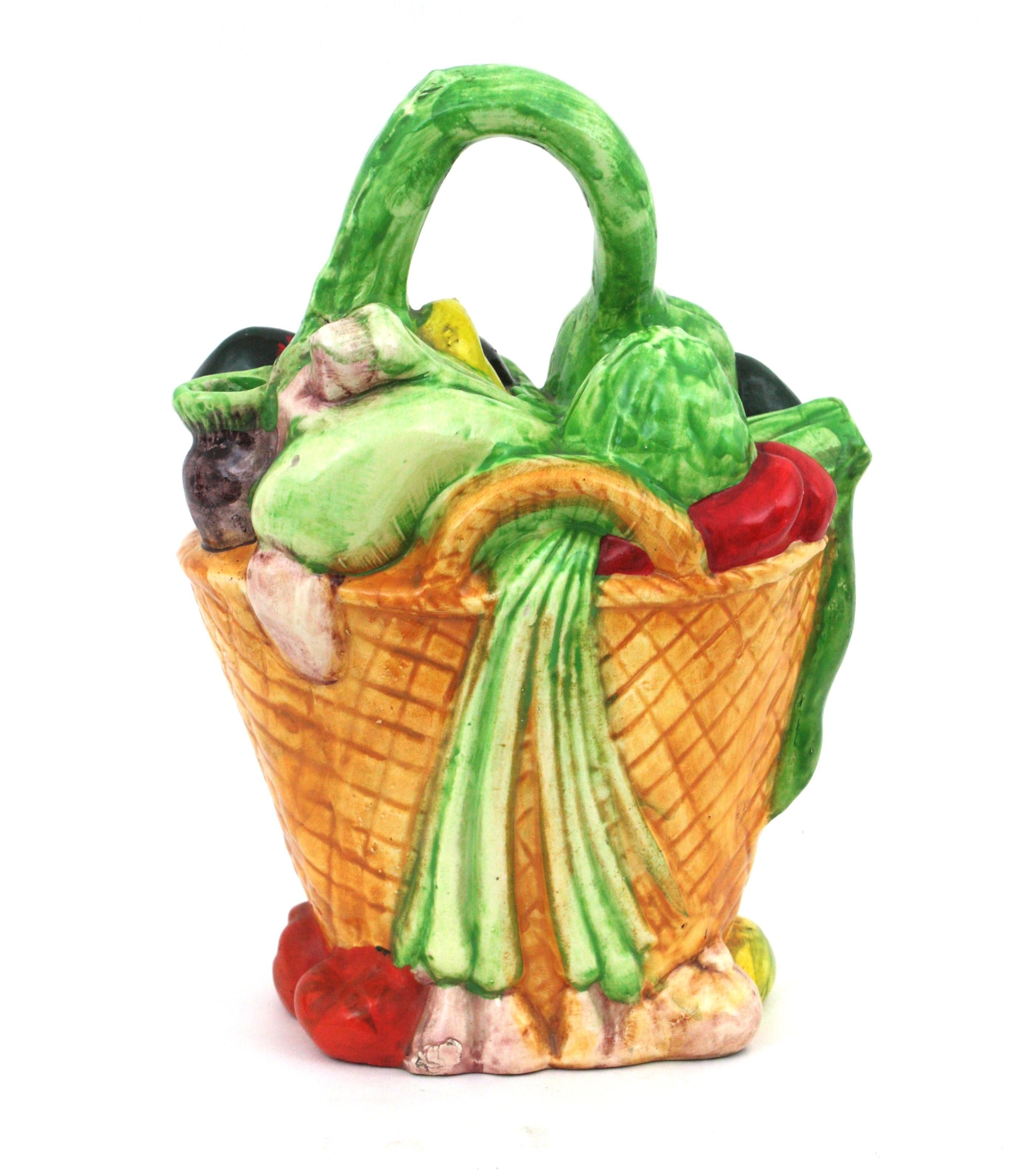 Majolica Glazed Ceramic Vegetables Basket Pitcher / Jug, Spain, 1960s For Sale 2