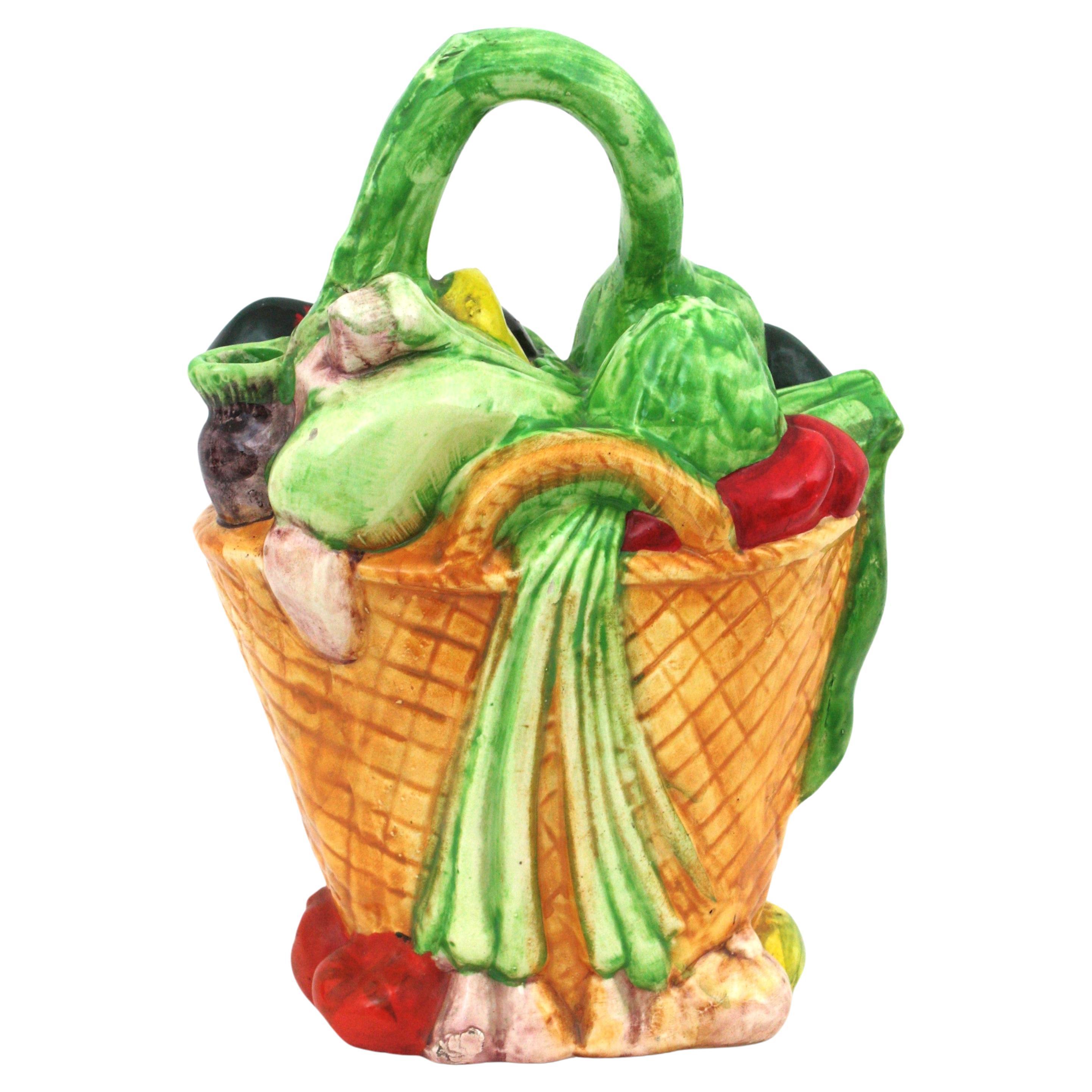 Majolica Glazed Ceramic Vegetables Basket Pitcher / Jug, Spain, 1960s