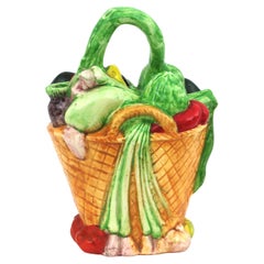 Retro Majolica Glazed Ceramic Vegetables Basket Pitcher / Jug, Spain, 1960s