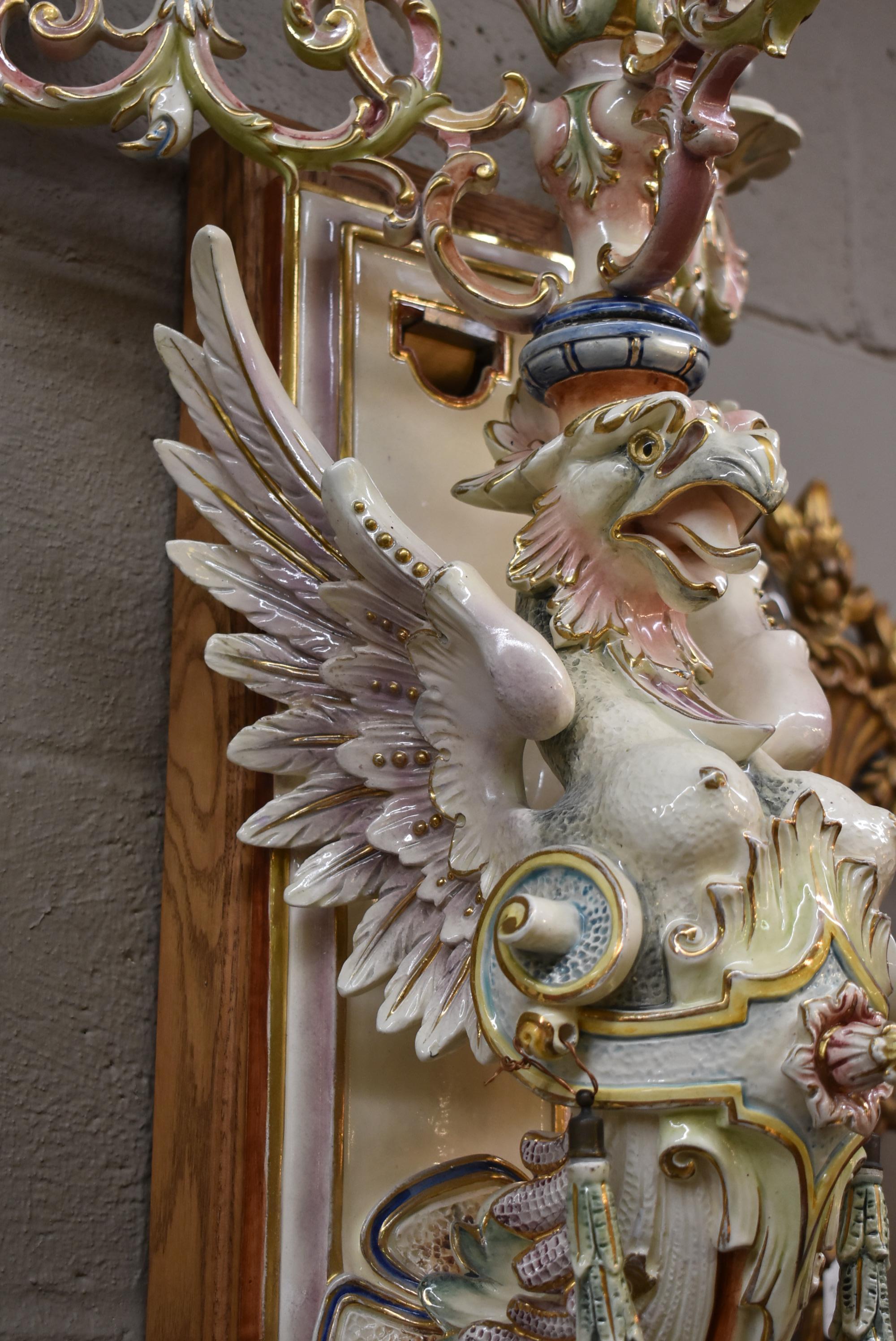 European Majolica Glazed Porcelain Winged Lion Candelabra/Sconce For Sale