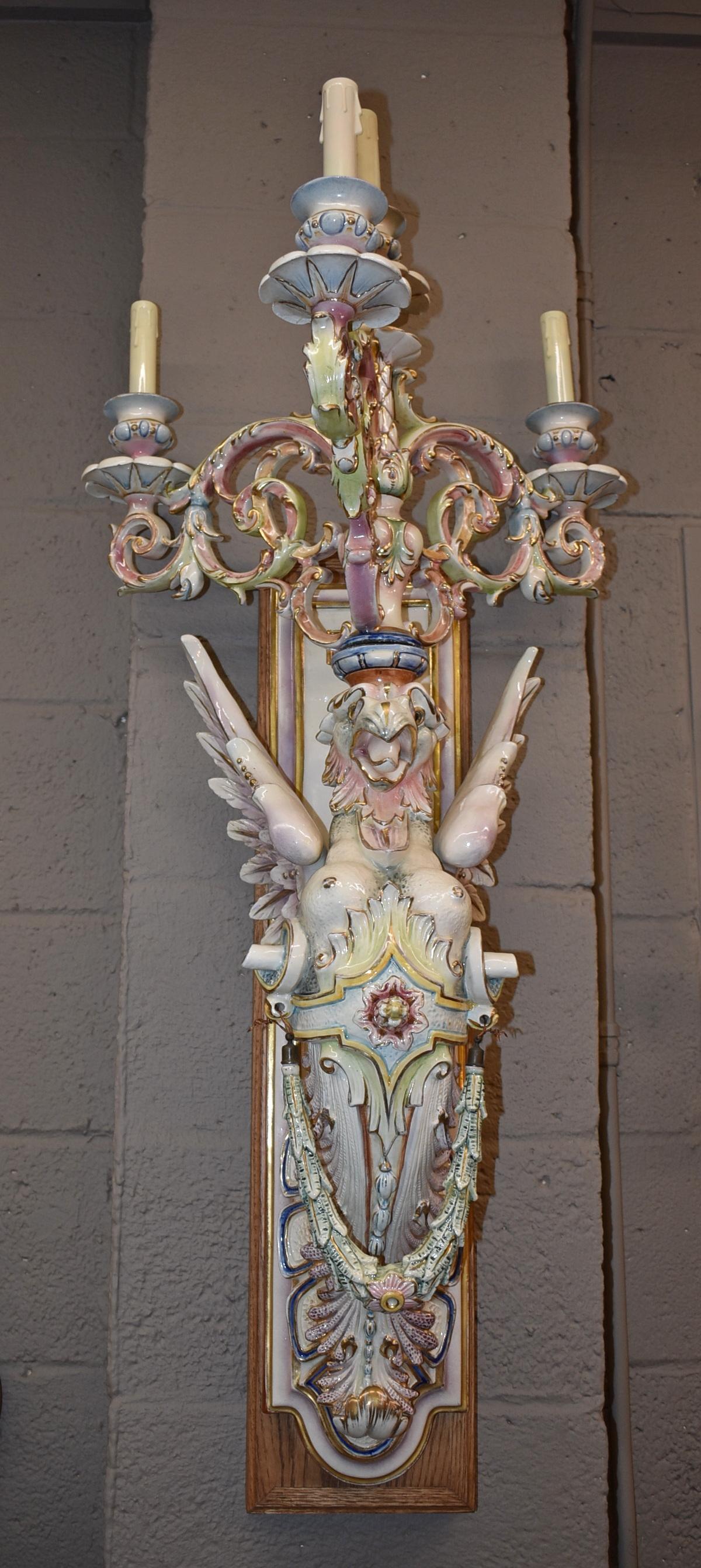 Baroque Majolica Glazed Porcelain Winged Lion Candelabra/Sconce For Sale