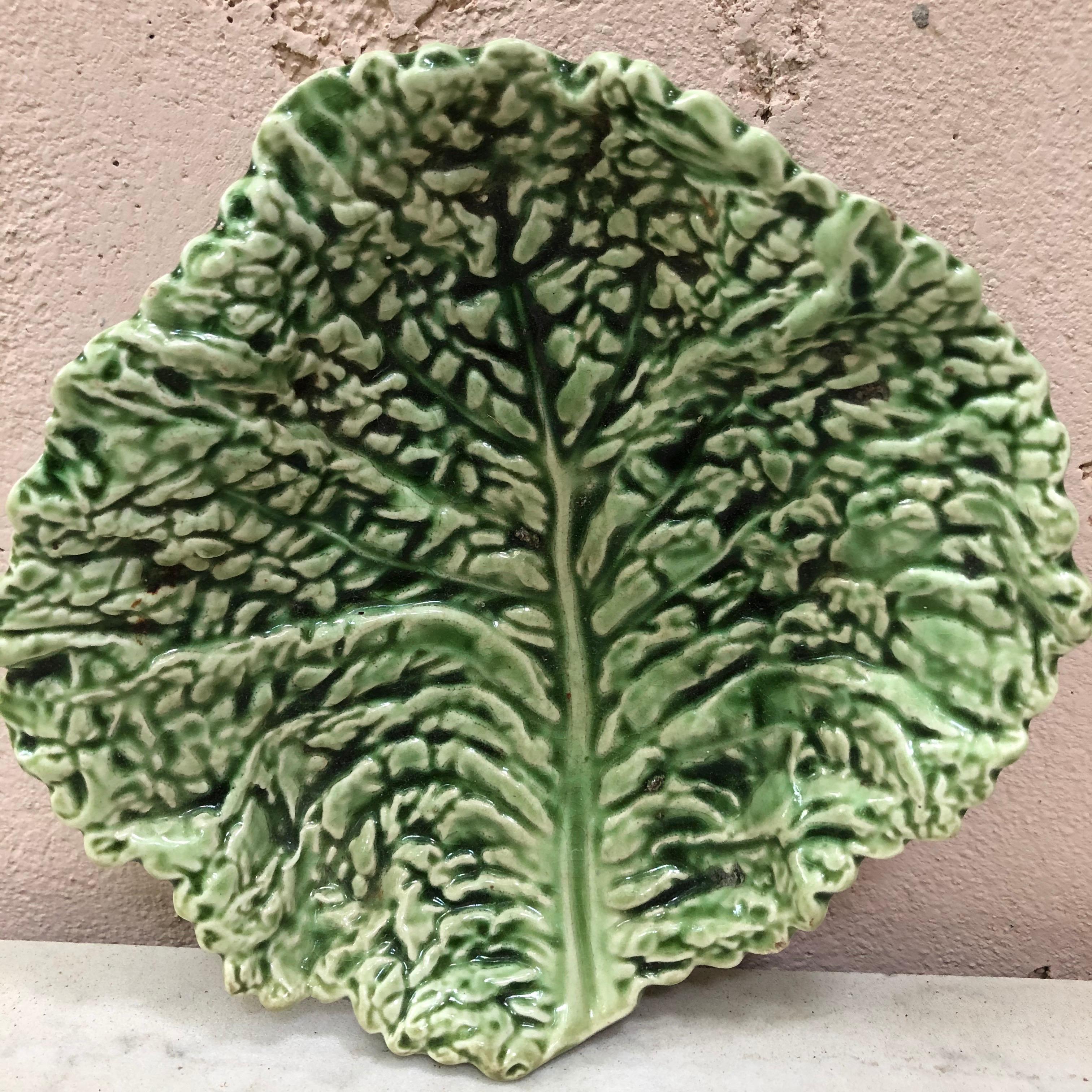 Green Majolica cabbage leaf platter, circa 1930 signed Sarreguemines.
 