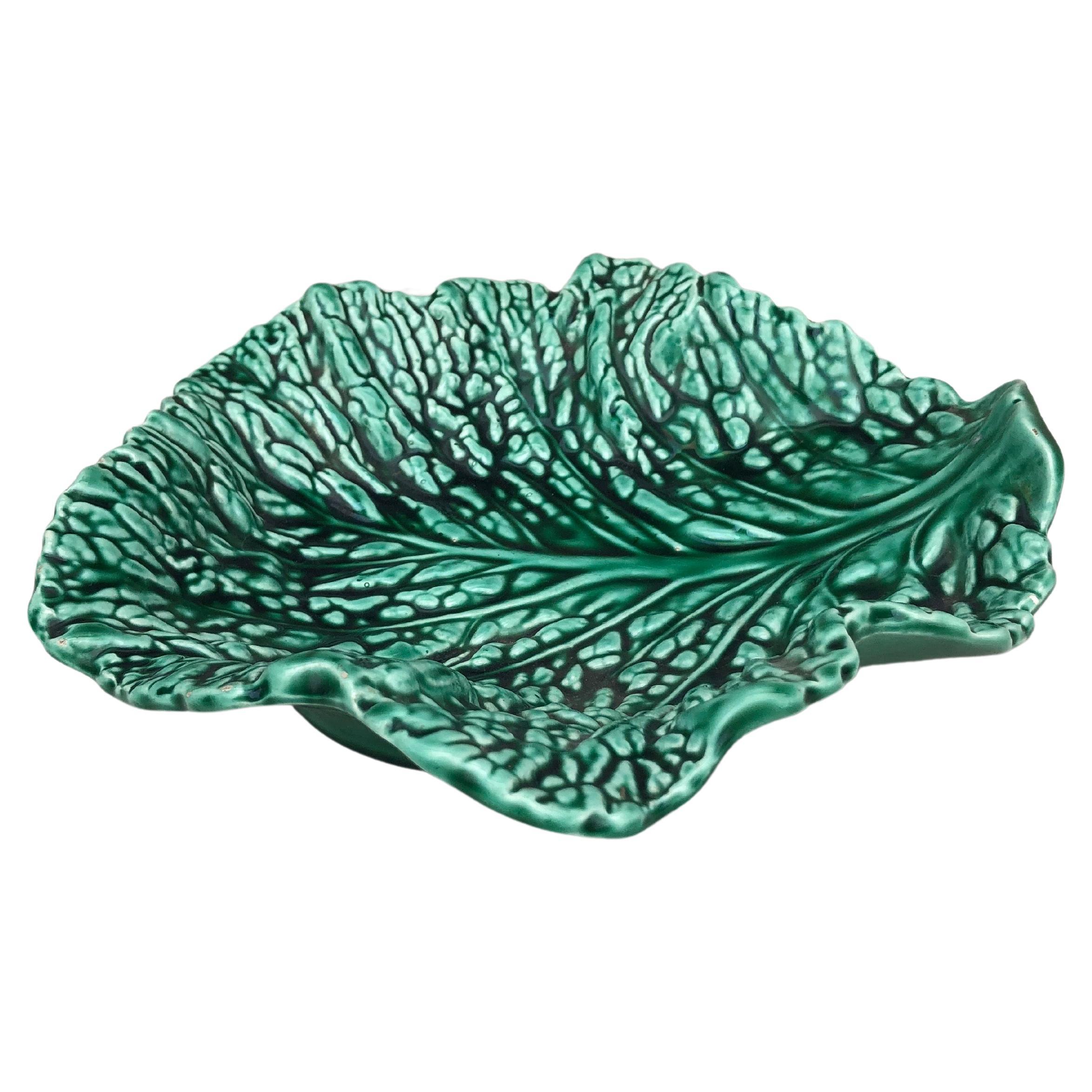 Green Majolica cabbage leaf platter, circa 1930 signed Sarreguemines.
 