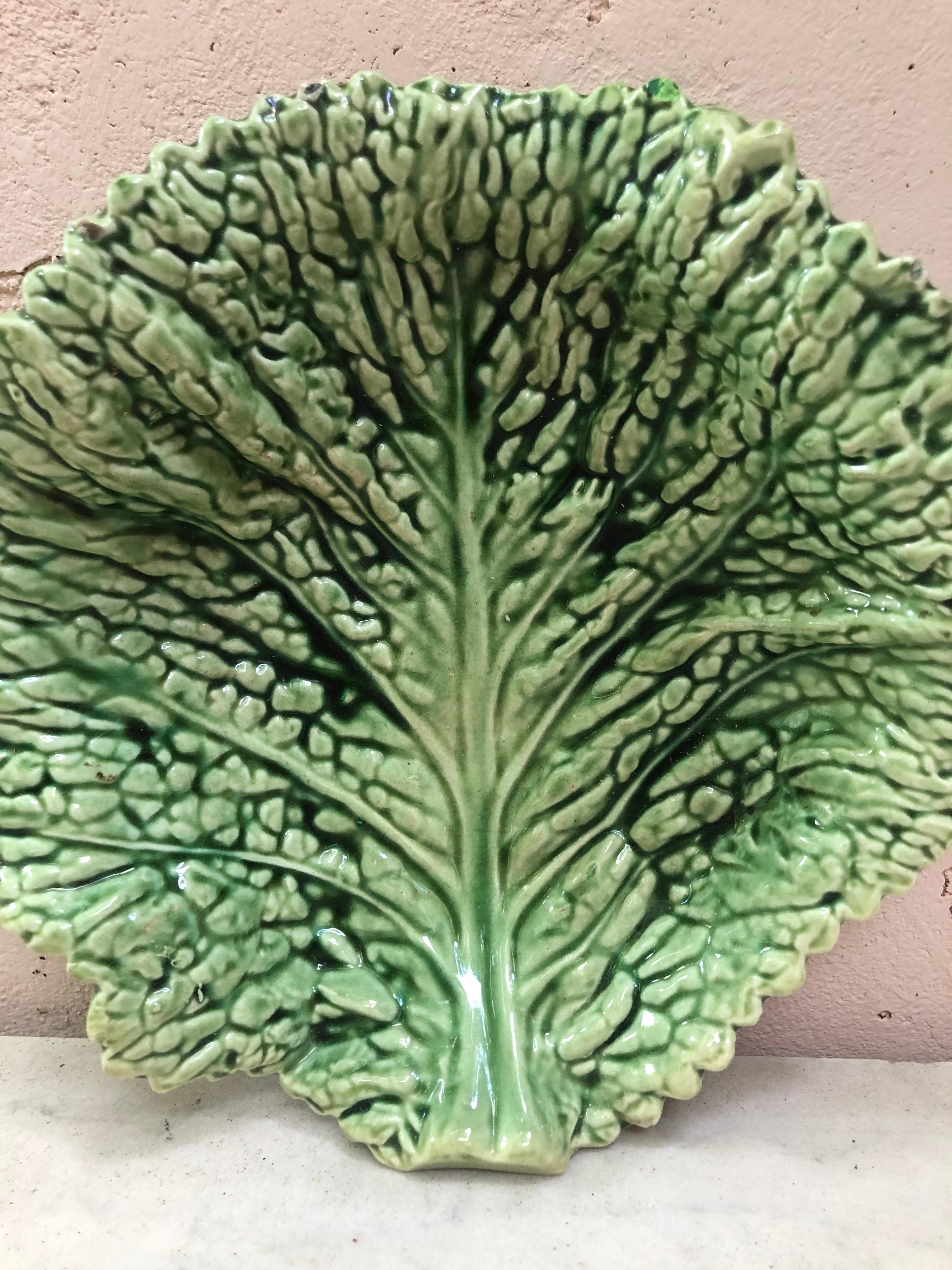Rustic Majolica Green Cabbage Leaf Platter Sarreguemines, circa 1930