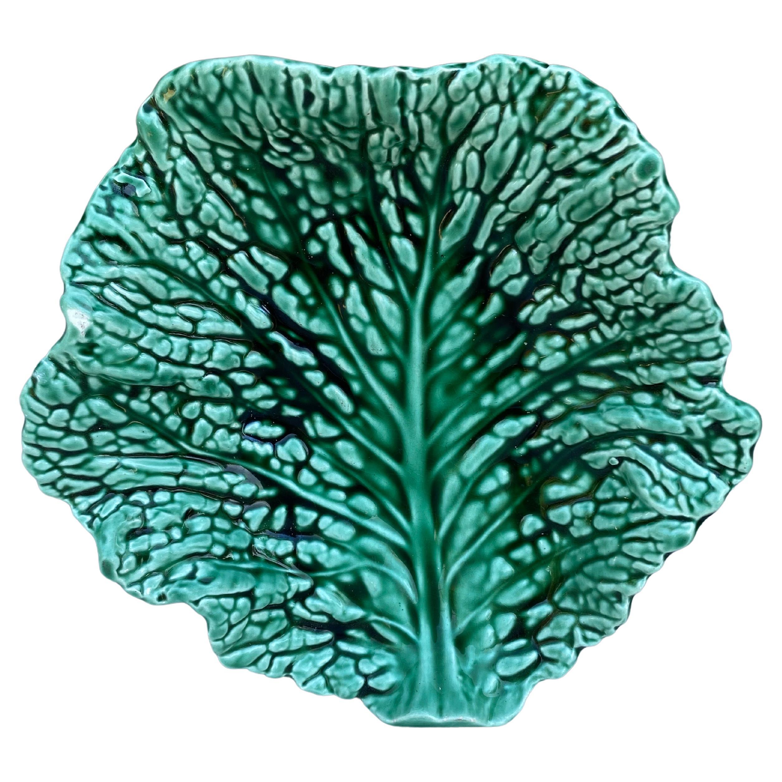 Large Majolica Green Cabbage Leaf Platter Sarreguemines, circa 1930 at
