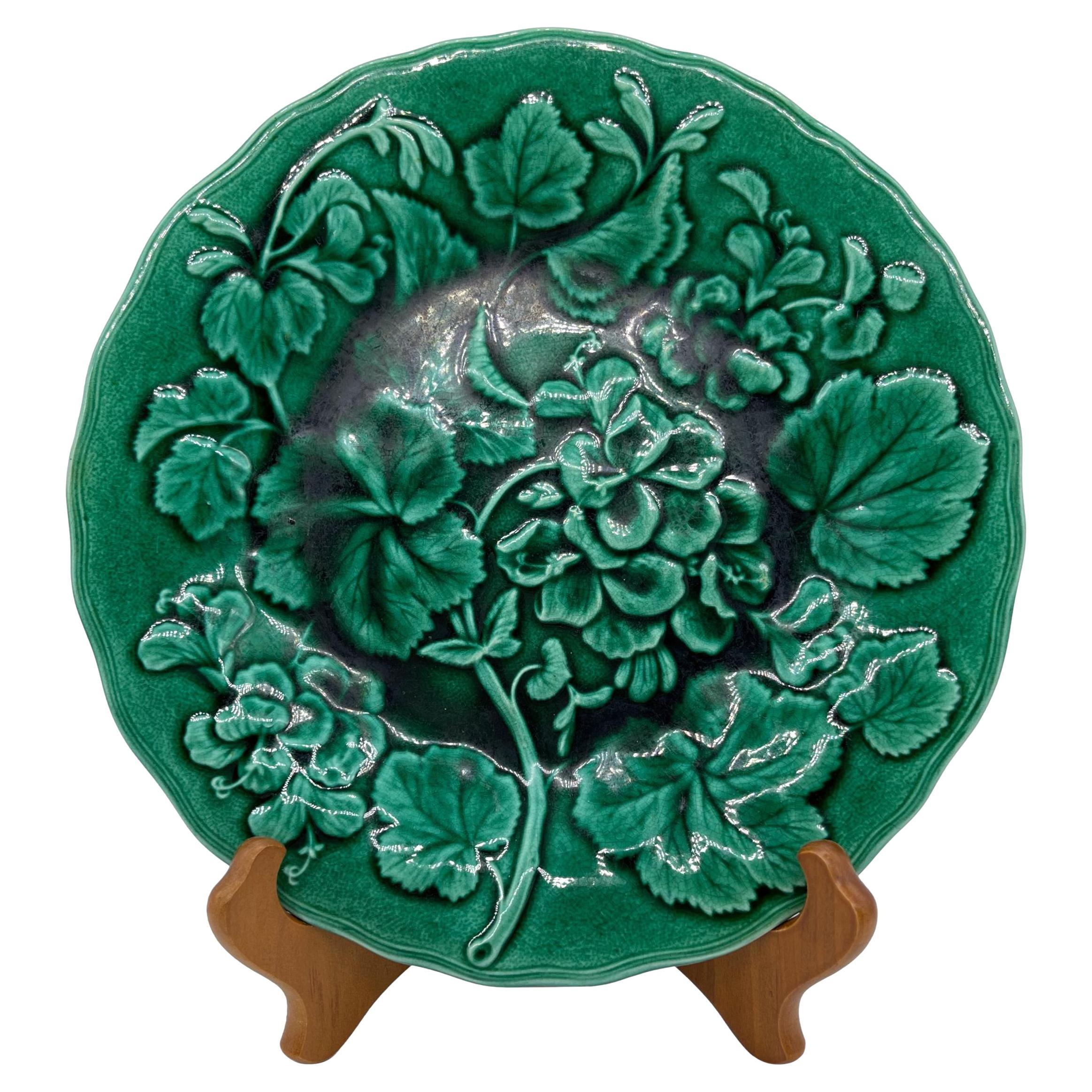 Majolica Green-Glazed Geranium Plate by Hope & Carter, English, ca. 1880 For Sale