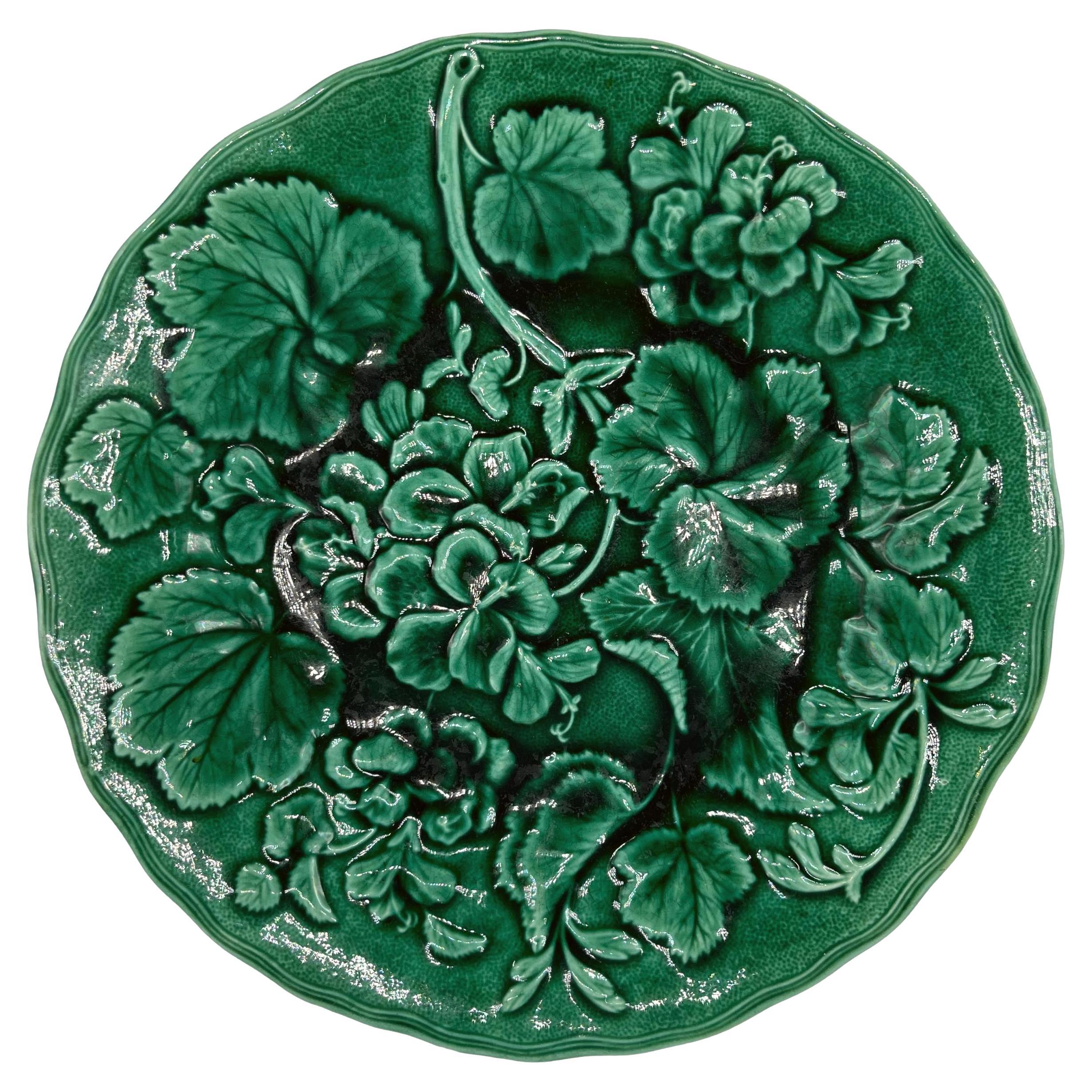 Majolica Green-Glazed Geranium Plate, Hope & Carter, English, ca. 1880 For Sale