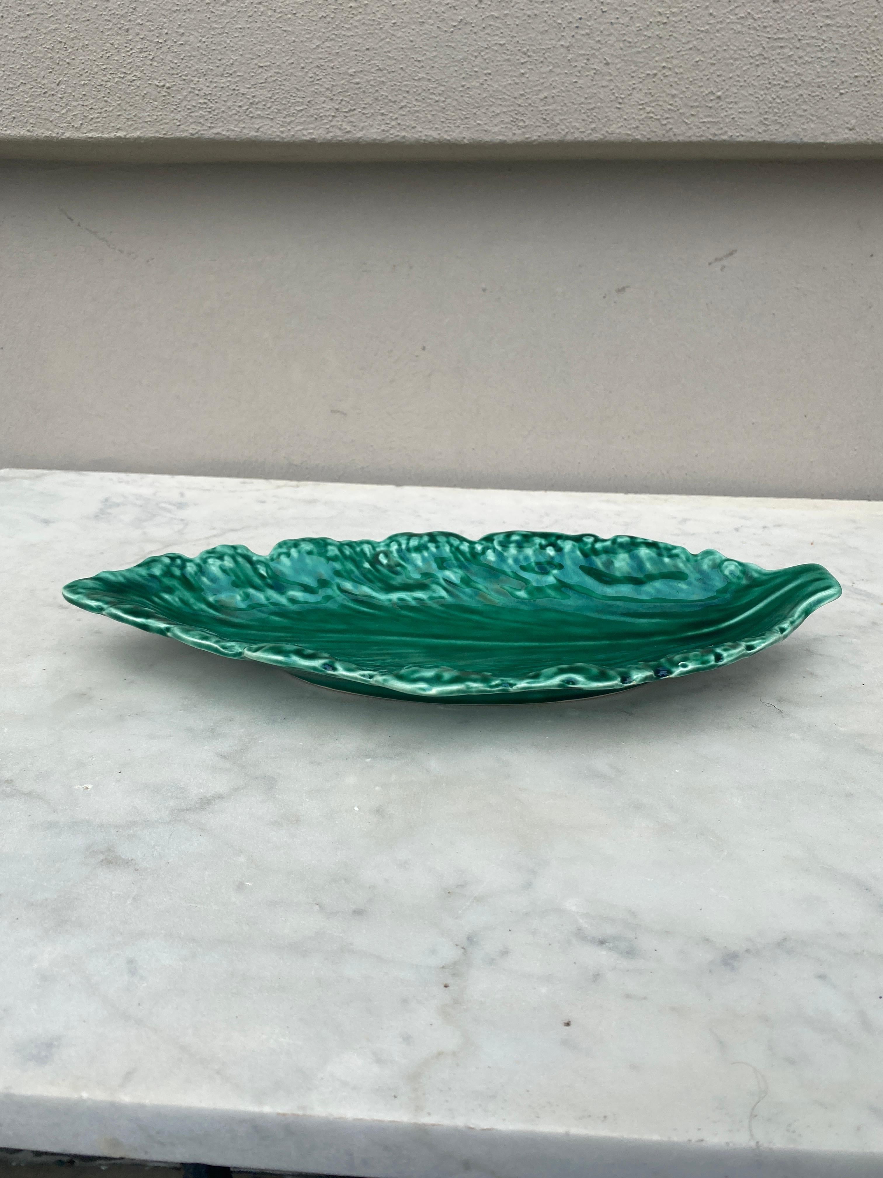 Rustic Majolica Green Leaf Platter Sarreguemines, circa 1930 For Sale