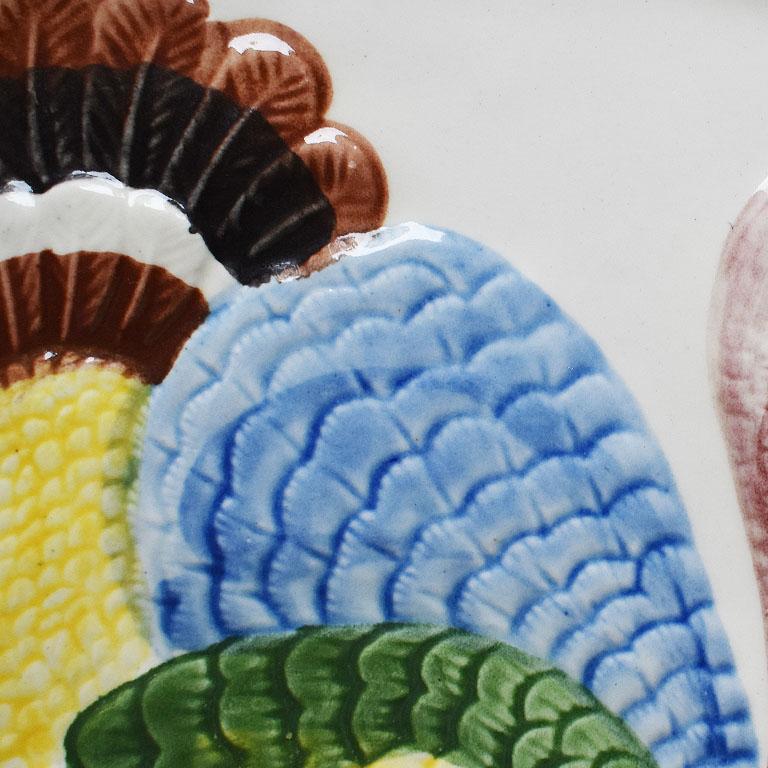 Mid-Century Modern Majolica Hand Painted Ceramic Turkey Motif Thanksgiving Serving Tray or Platter For Sale