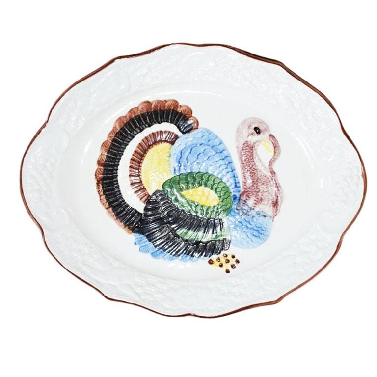 American Majolica Hand Painted Ceramic Turkey Motif Thanksgiving Serving Tray or Platter For Sale