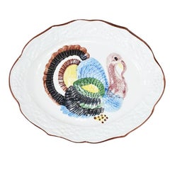 Majolica Hand Painted Ceramic Turkey Motif Thanksgiving Serving Tray or Platter