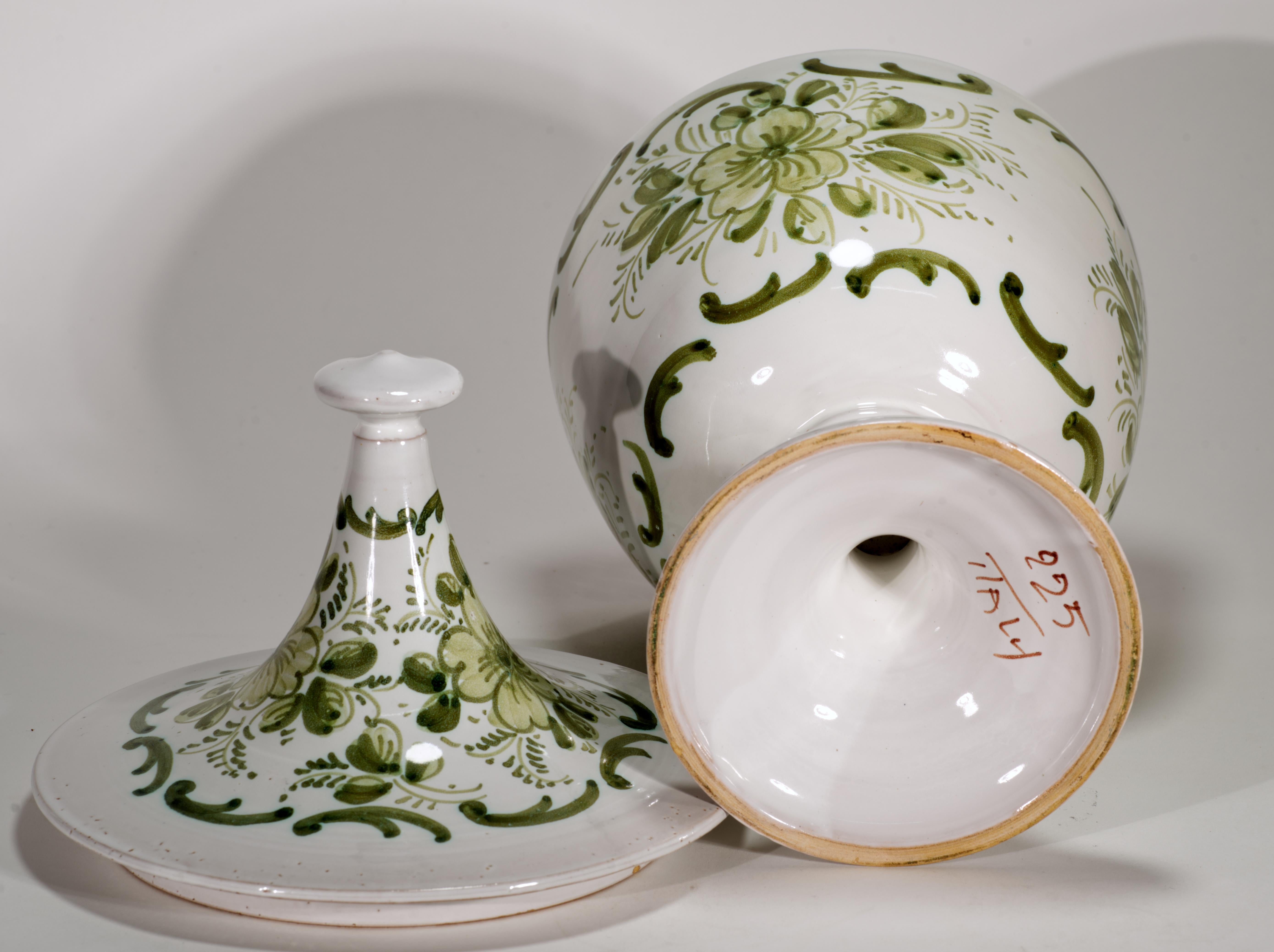 Ceramic Majolica Hand-painted Footed Urn Vase with Lid, Italy 1950s-1960s For Sale