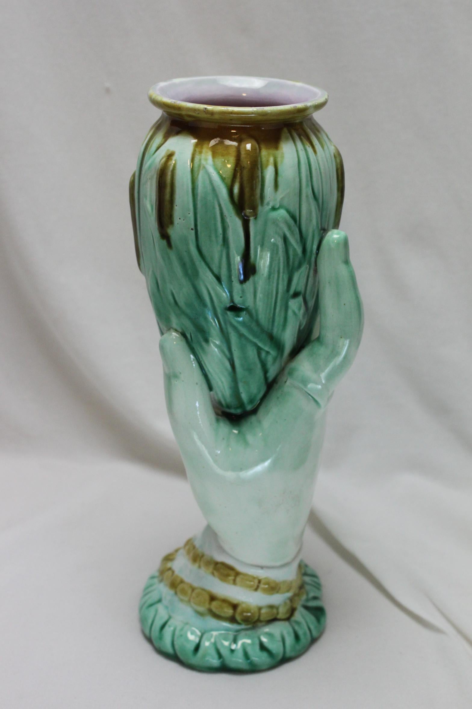 High Victorian Majolica Hand Vase For Sale