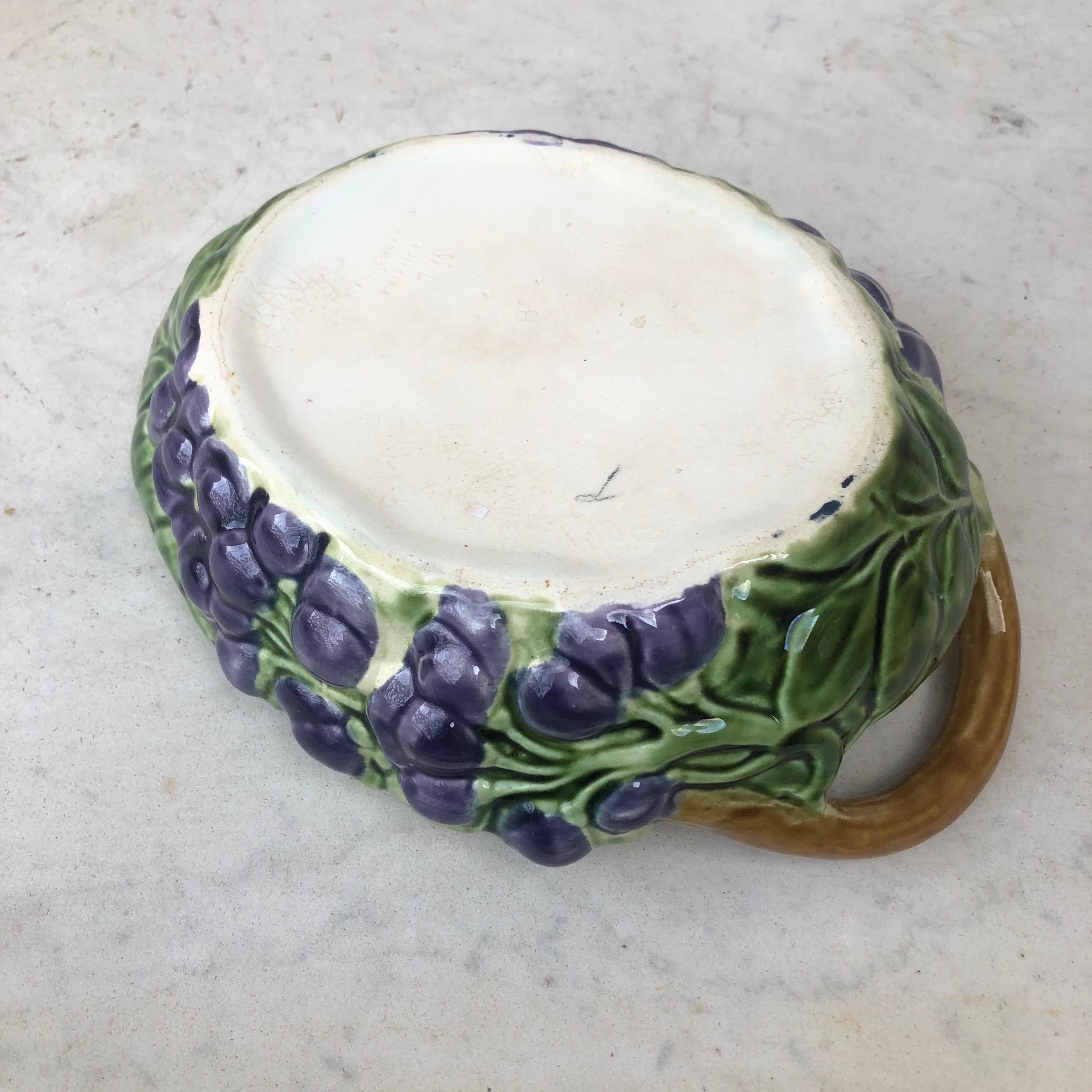 Majolica Handled Basket Sarreguemines with Purple Flowers, circa 1900 In Good Condition For Sale In Austin, TX