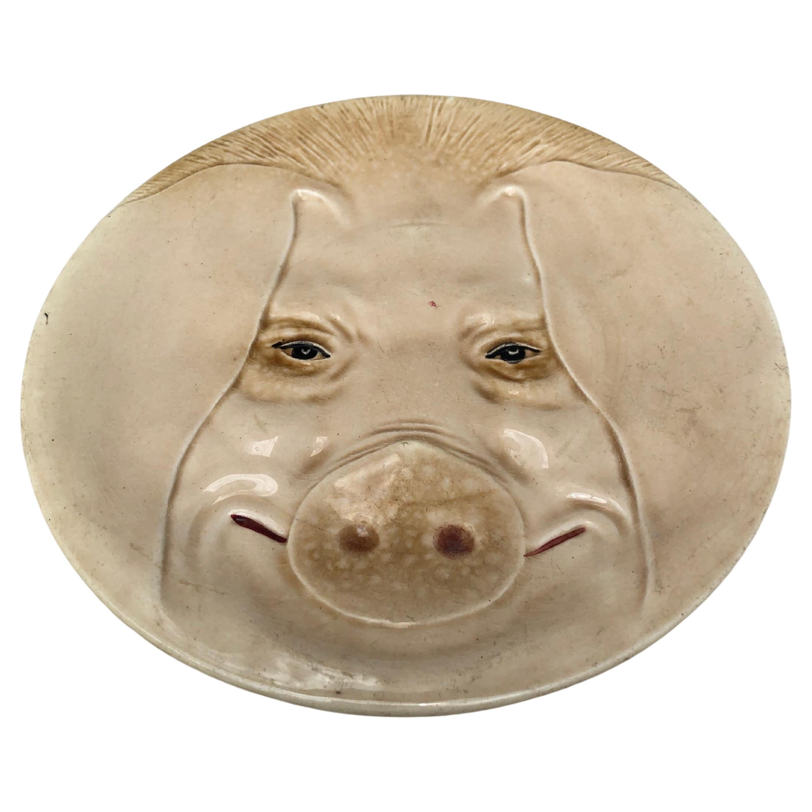 Insolite assiette en majolique française avec une tête de cochon fabriquée par Orchies (Nord de la France), vers 1900.