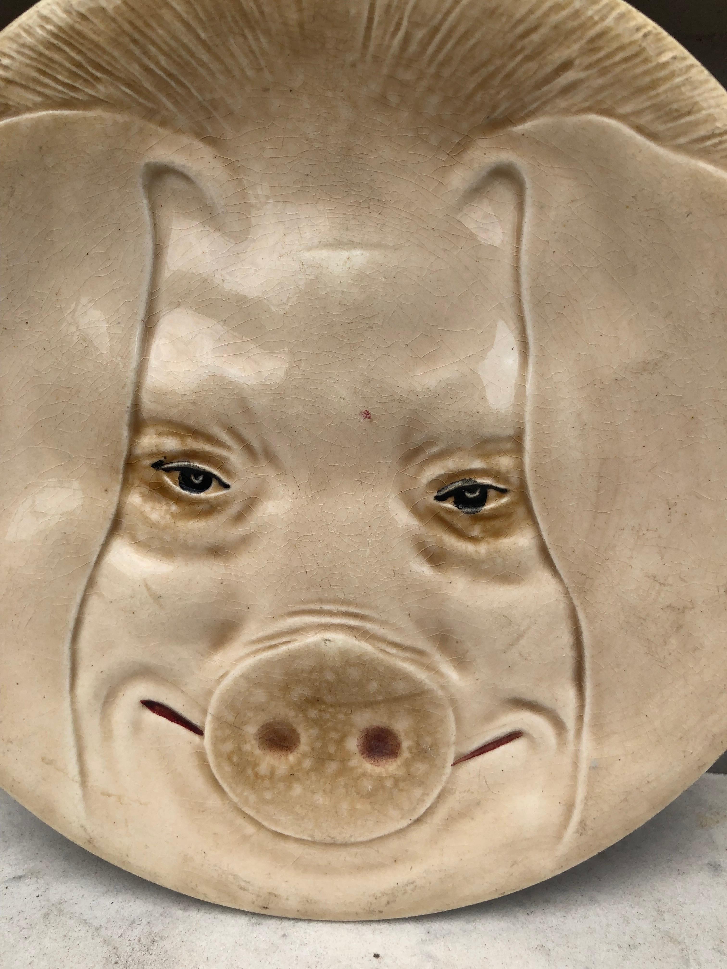 Plato de cerdo con cabeza de mayólica Orchies, circa 1900 Rústico en venta