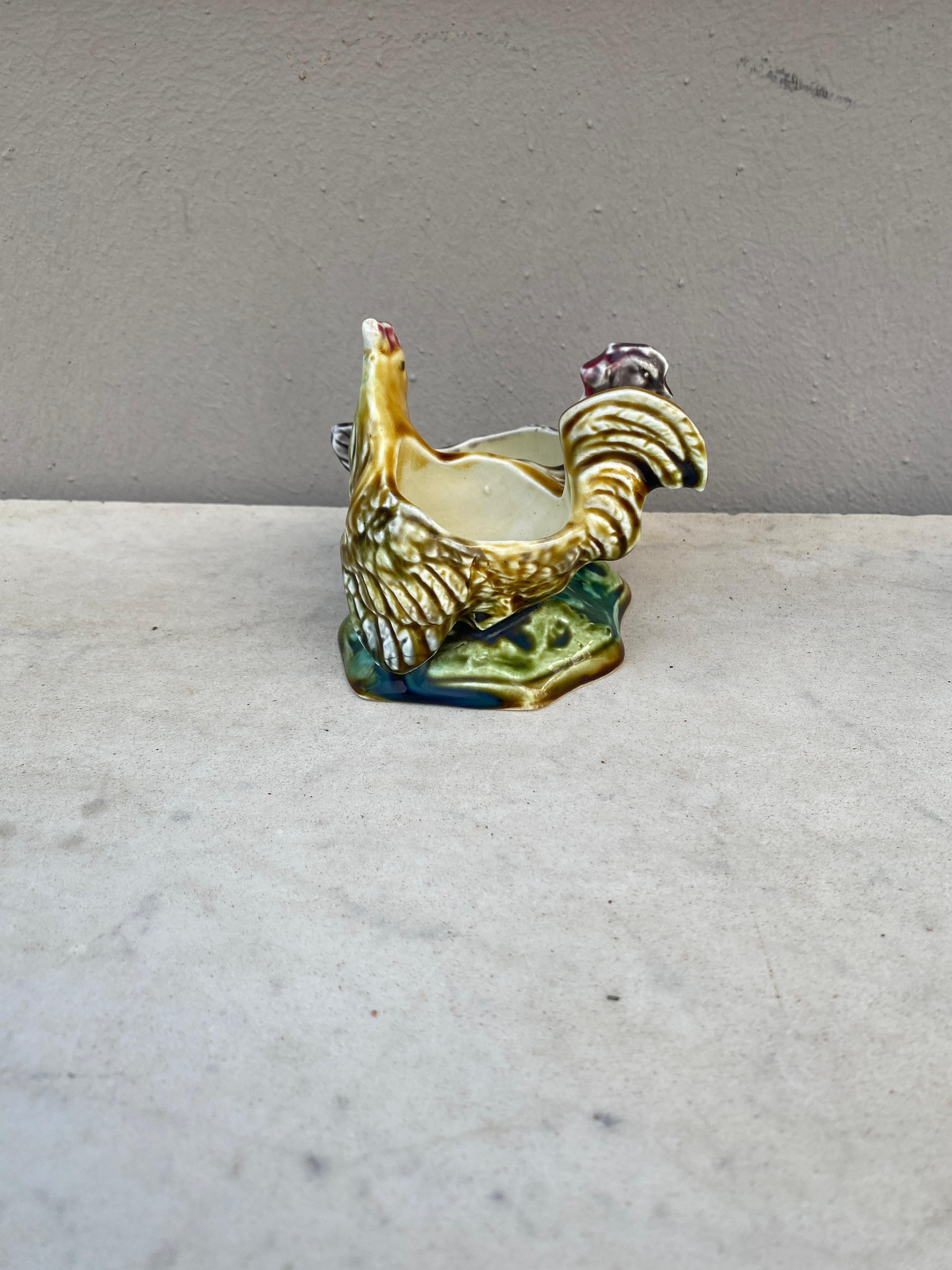 Country Majolica Hen & Rooster Saltcellar Onnaing, circa 1900 For Sale