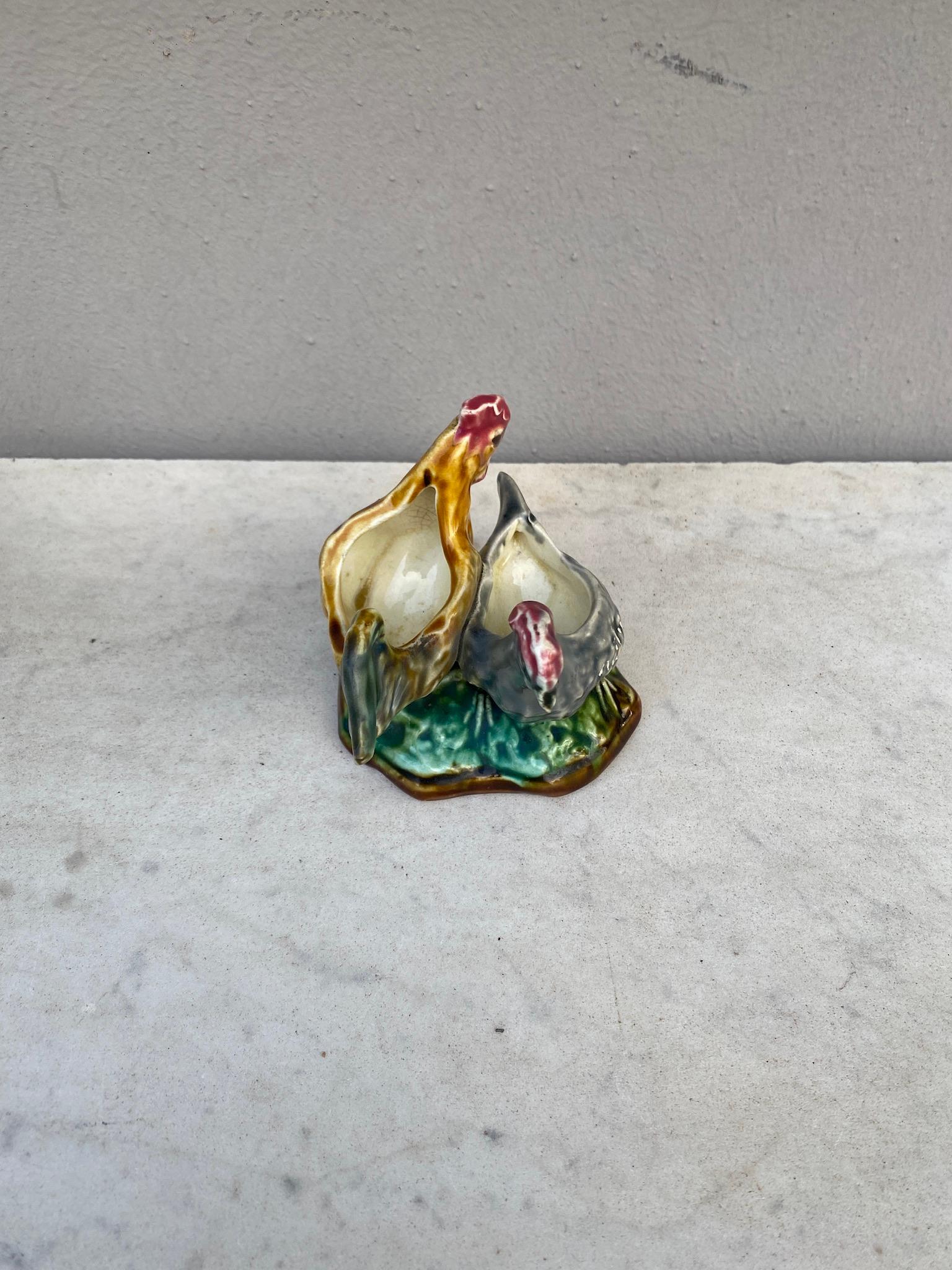 Majolica Hen & Rooster Saltcellar Onnaing, circa 1900 In Good Condition In Austin, TX
