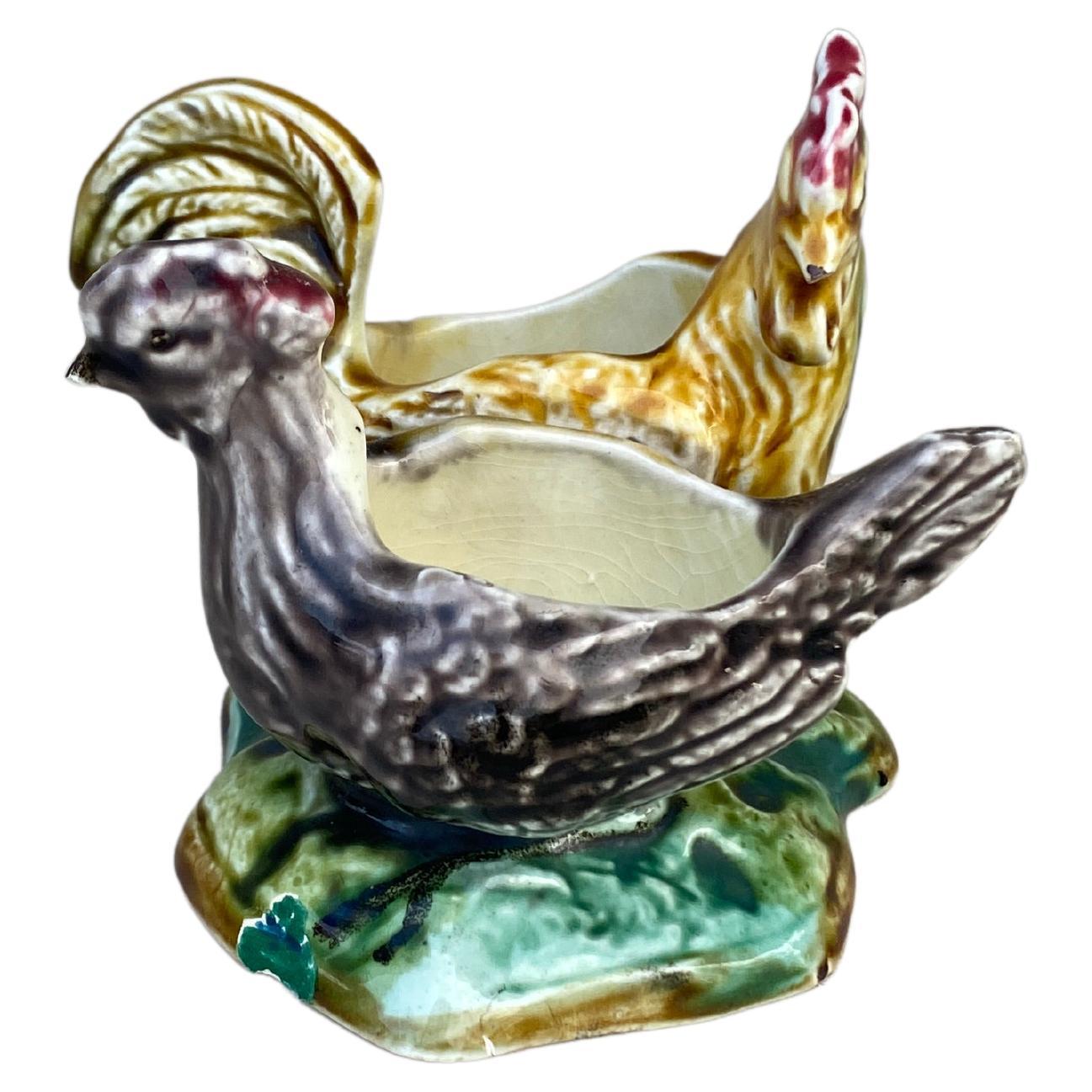 Majolica Hen & Rooster Saltcellar Onnaing, circa 1900 For Sale