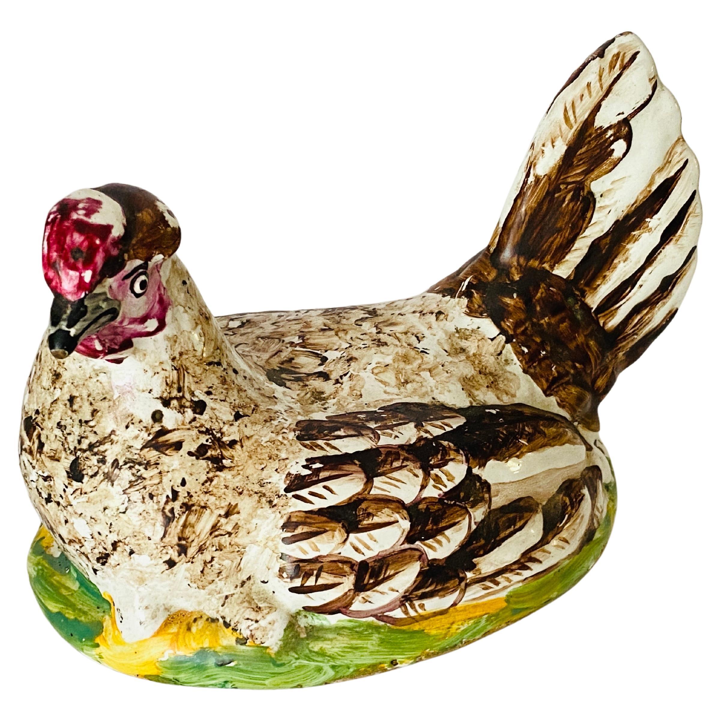 Majolica Hen Sculpture, White, Brown and Green Color, France 18th Cetury