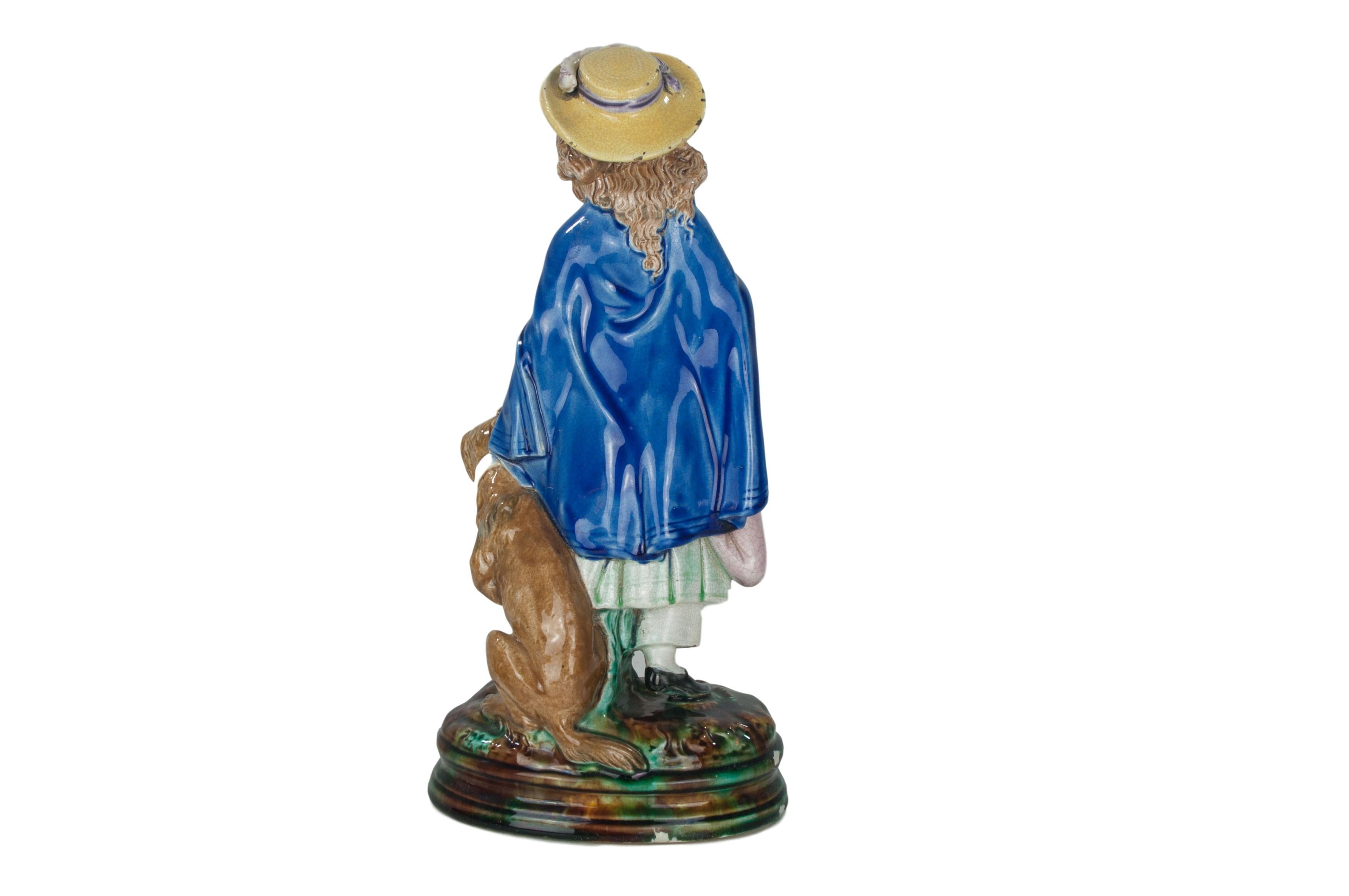 Holdcroft Majolica Figure of a Little Girl and Dog, English, ca. 1880--12.5 ins. In Good Condition For Sale In Banner Elk, NC