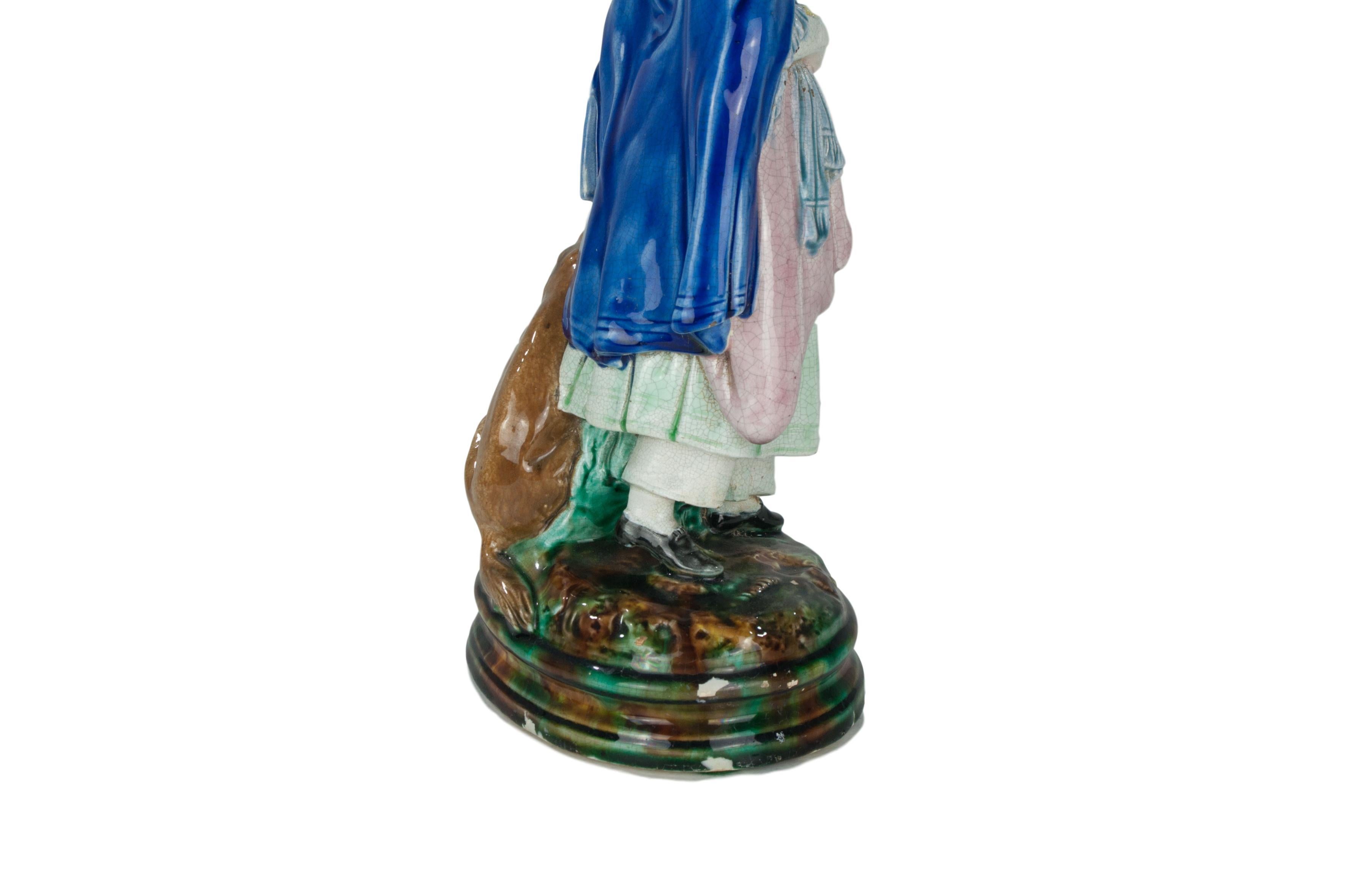 19th Century Holdcroft Majolica Figure of a Little Girl and Dog, English, ca. 1880--12.5 ins. For Sale