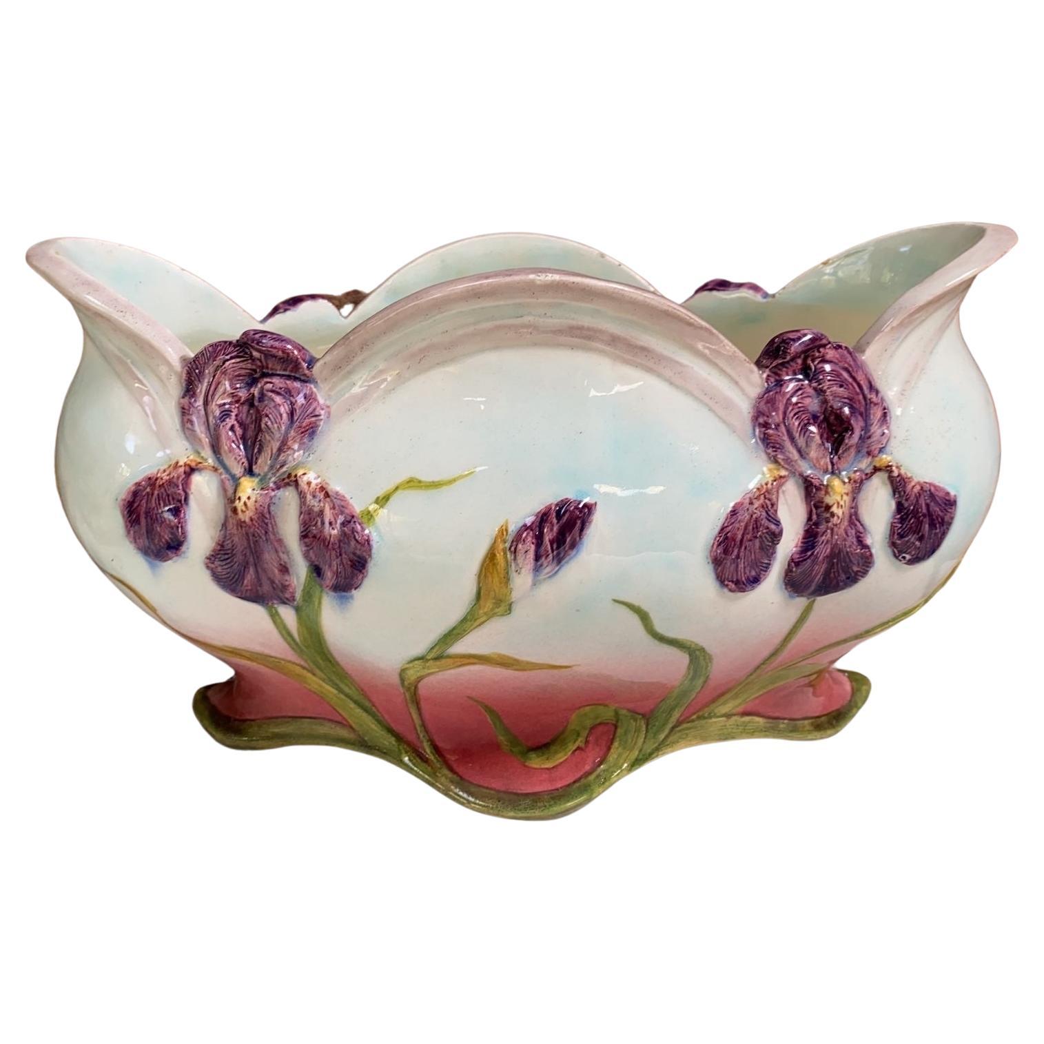 French Majolica oval jardiniere attributed to Delphin Massier, circa 1890.
The Massier family are known for the quality of their unique enamels and paintings. They produced an incredible whole range of flowers like iris, roses, daisies, wild roses,