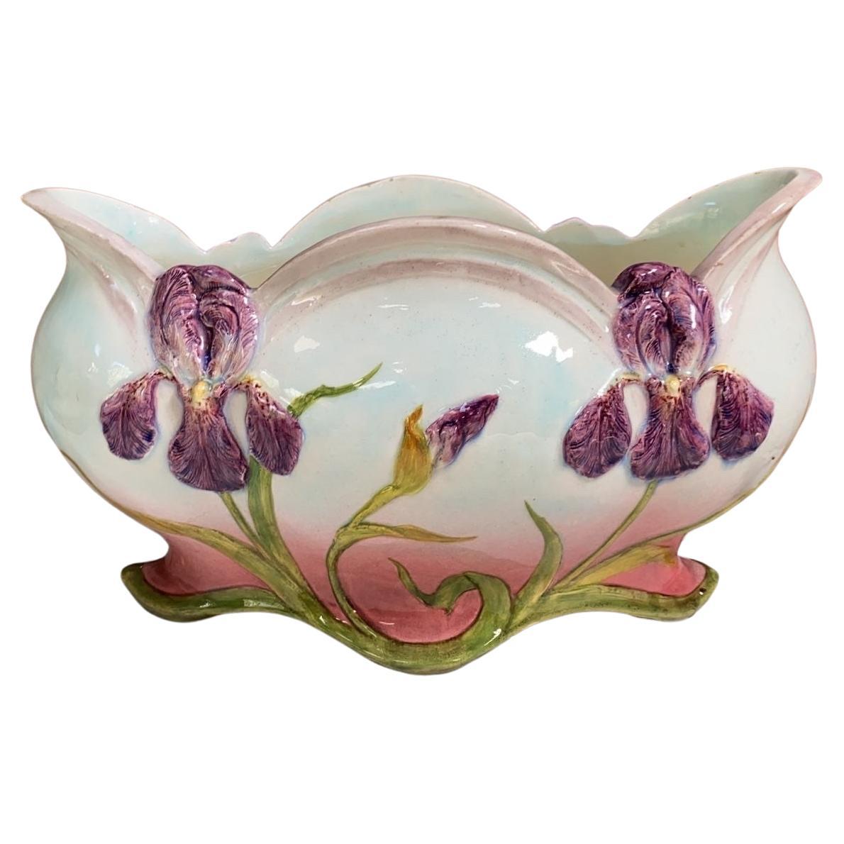 Majolica Iris Jardiniere Delphin Massier, circa 1890 For Sale