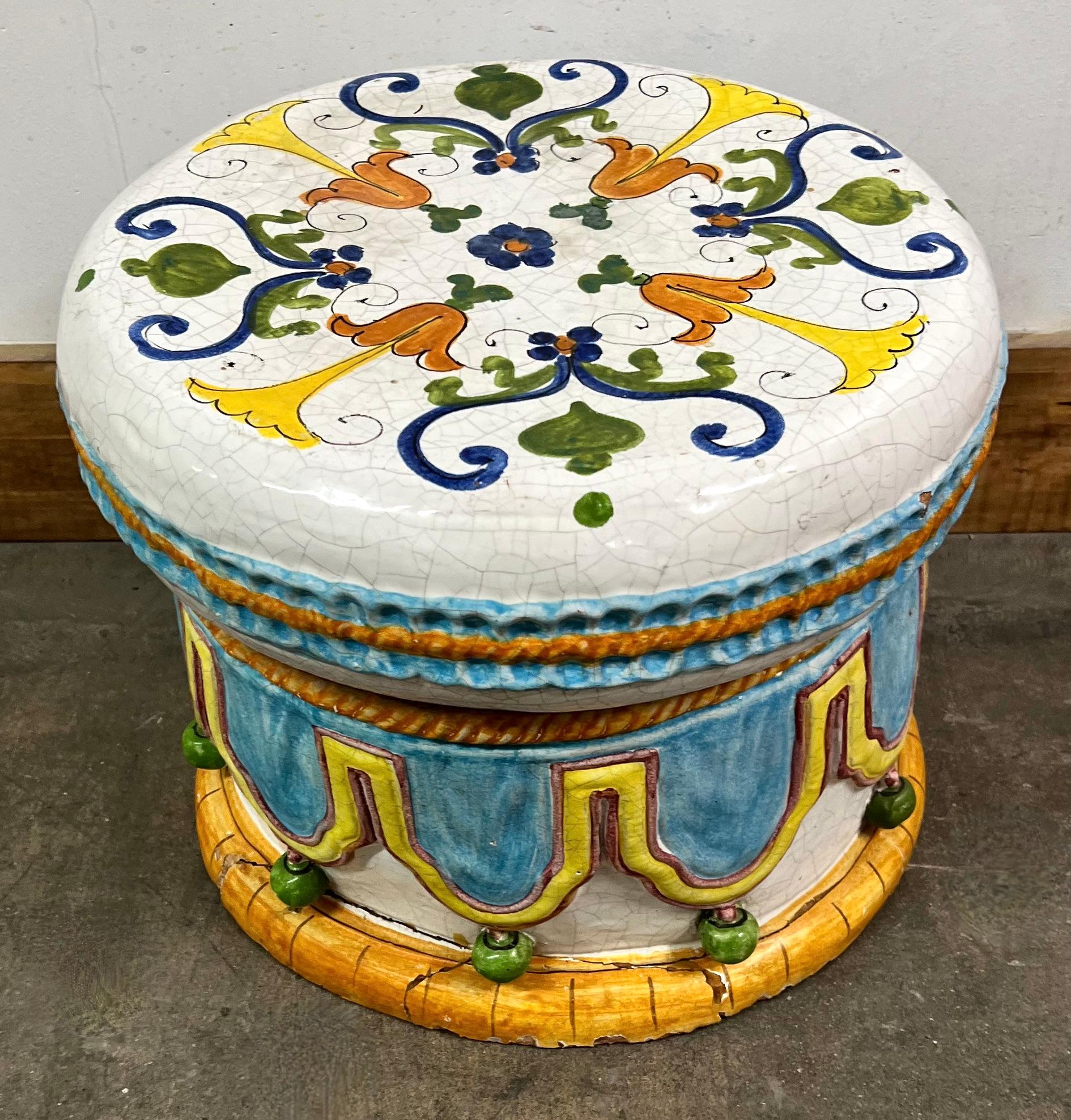 A wonderfully handcrafted garden or interior stool. Hand painted terracotta / ceramic. a compliment to many settings, especially those in the garden - a whimsical style that represents fine Italian pottery craftsmanship.

The top comes off for