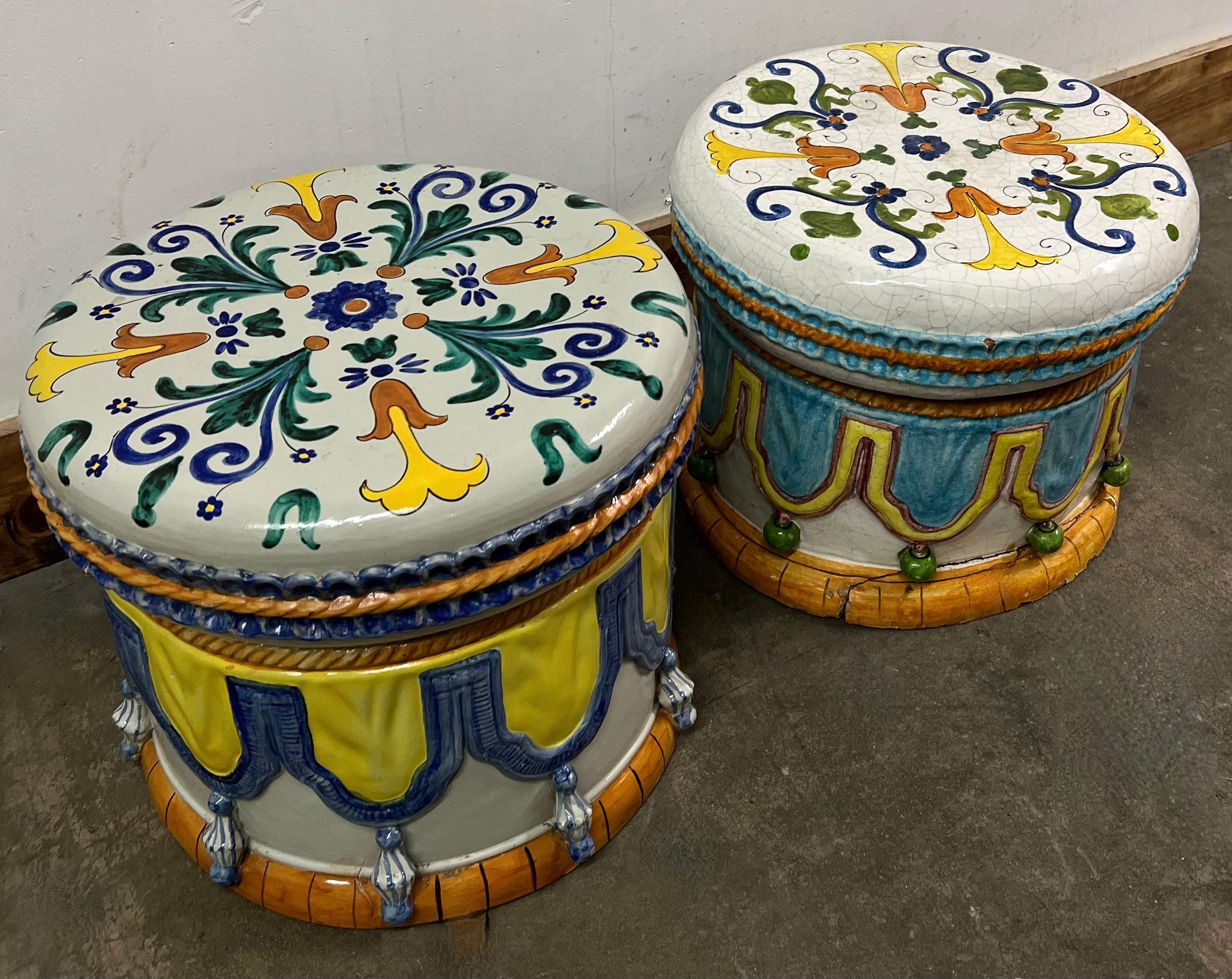 Majolica Italian Ceramic Terracotta Hand Painted Hollywood Regency Stool For Sale 3