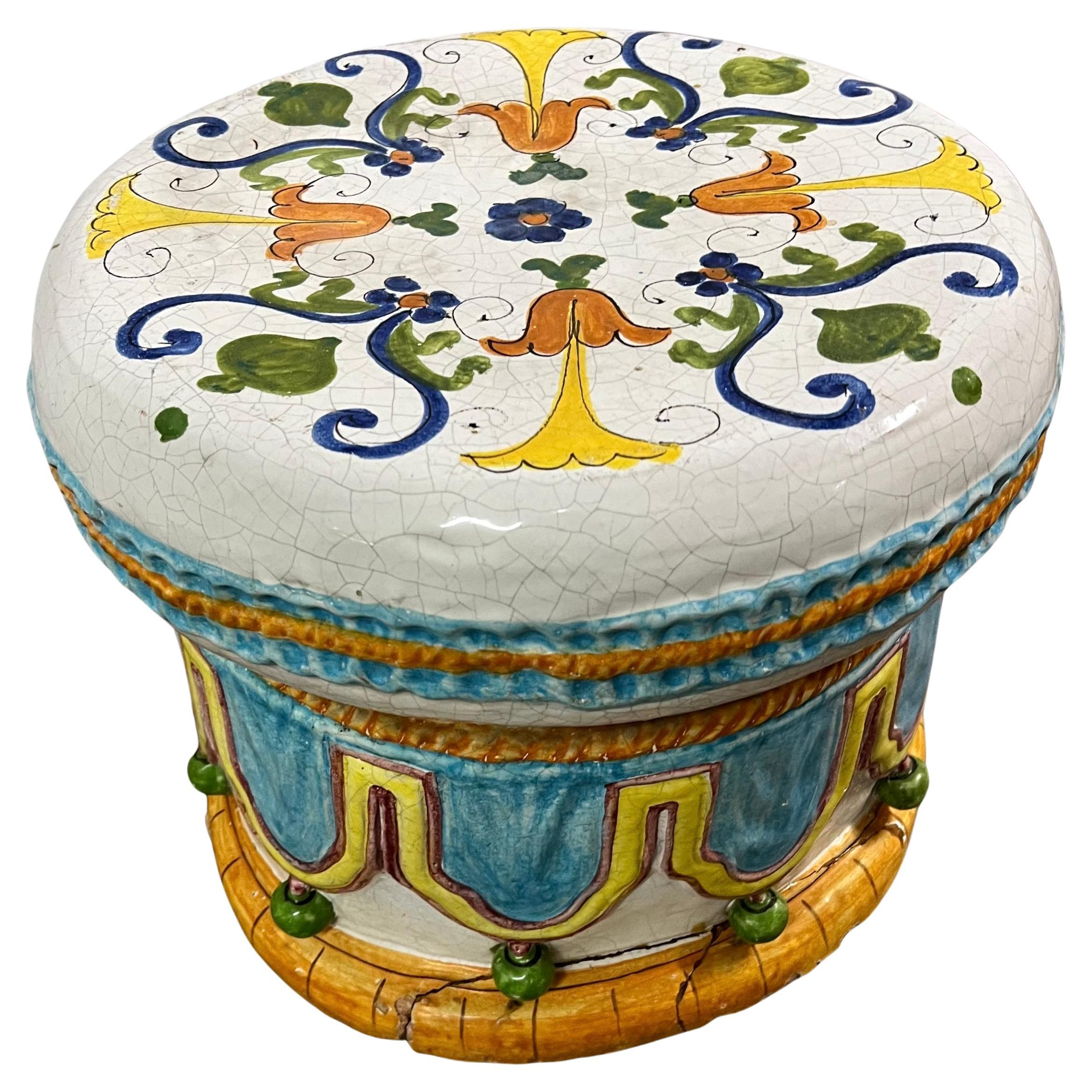 Majolica Italian Ceramic Terracotta Hand Painted Hollywood Regency Stool For Sale