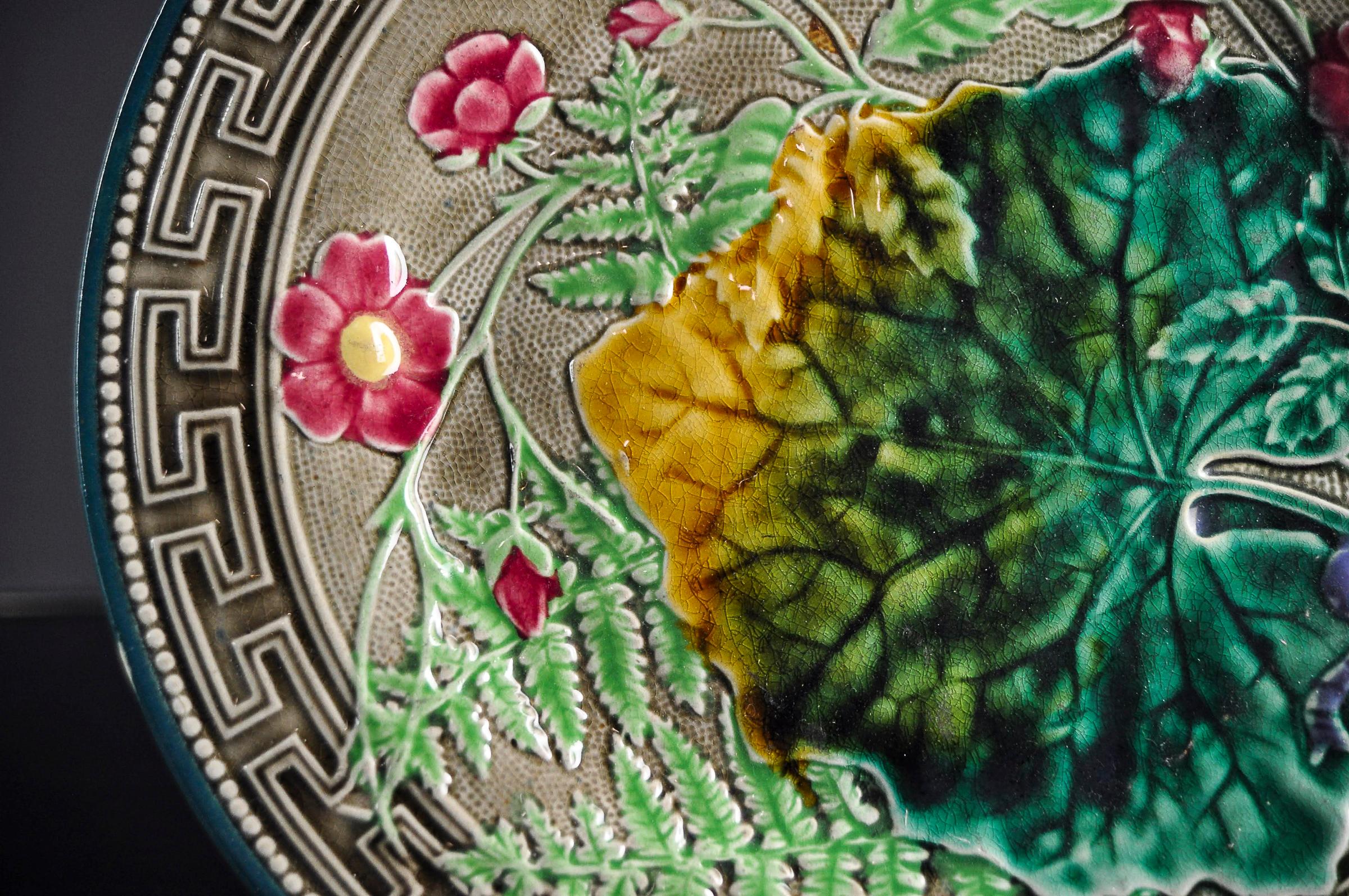 Molded Majolica Leaf, Fern and Flowers Plate with Greek Key Boarder, Signed Choisy-le-R