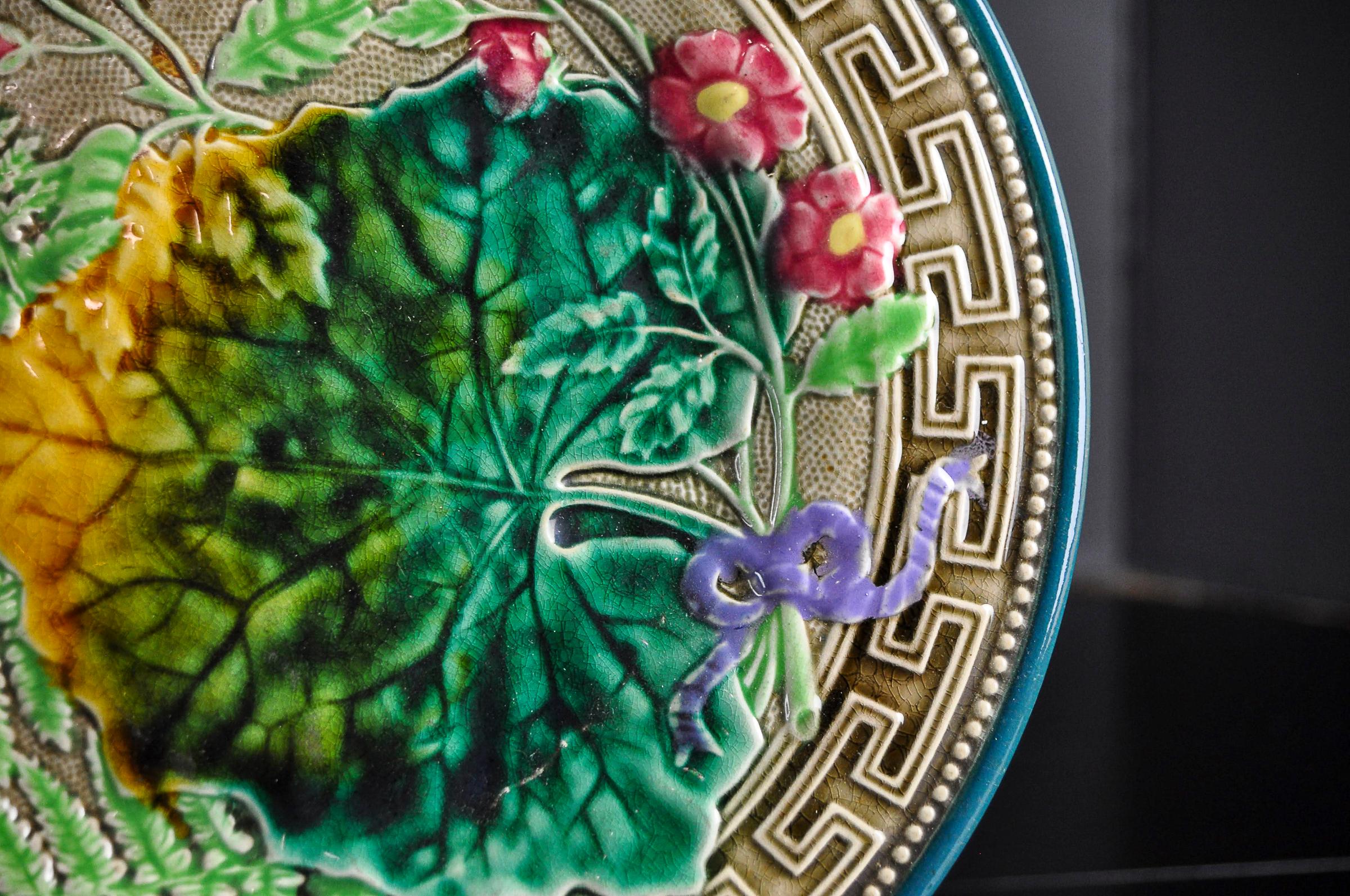 Majolica Leaf, Fern and Flowers Plate with Greek Key Boarder, Signed Choisy-le-R In Good Condition In Banner Elk, NC