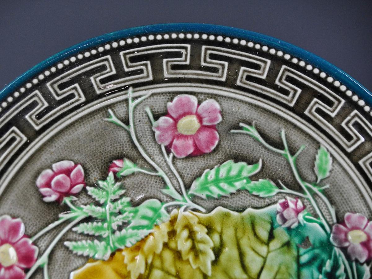 Majolica Leaf, Fern and Flowers Plate with Greek Key Boarder, Signed Choisy-le-R In Good Condition In Banner Elk, NC