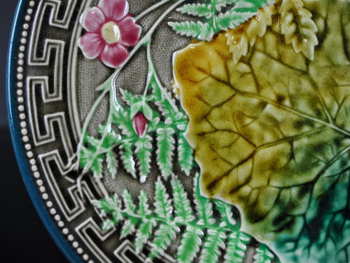 Late 19th Century Majolica Leaf, Fern and Flowers Plate with Greek Key Boarder, Signed Choisy-le-R