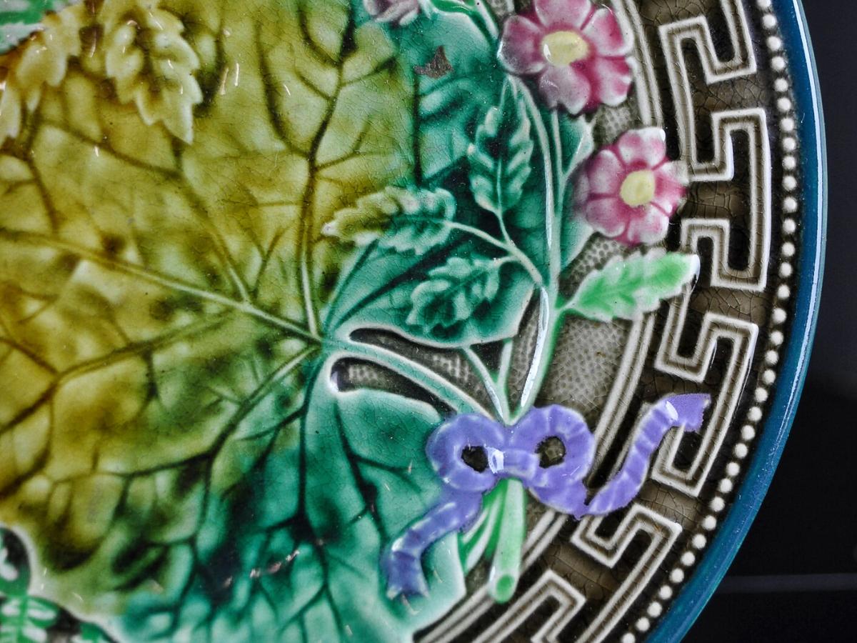 Majolica Leaf, Fern and Flowers Plate with Greek Key Boarder, Signed Choisy-le-R 1