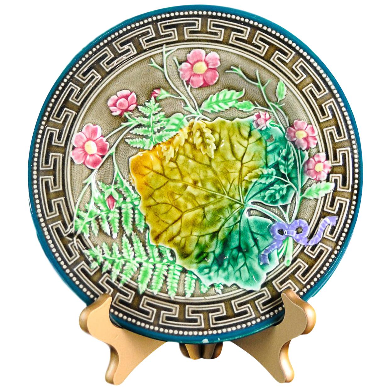 Majolica Leaf, Fern and Flowers Plate with Greek Key Boarder, Signed Choisy-le-R
