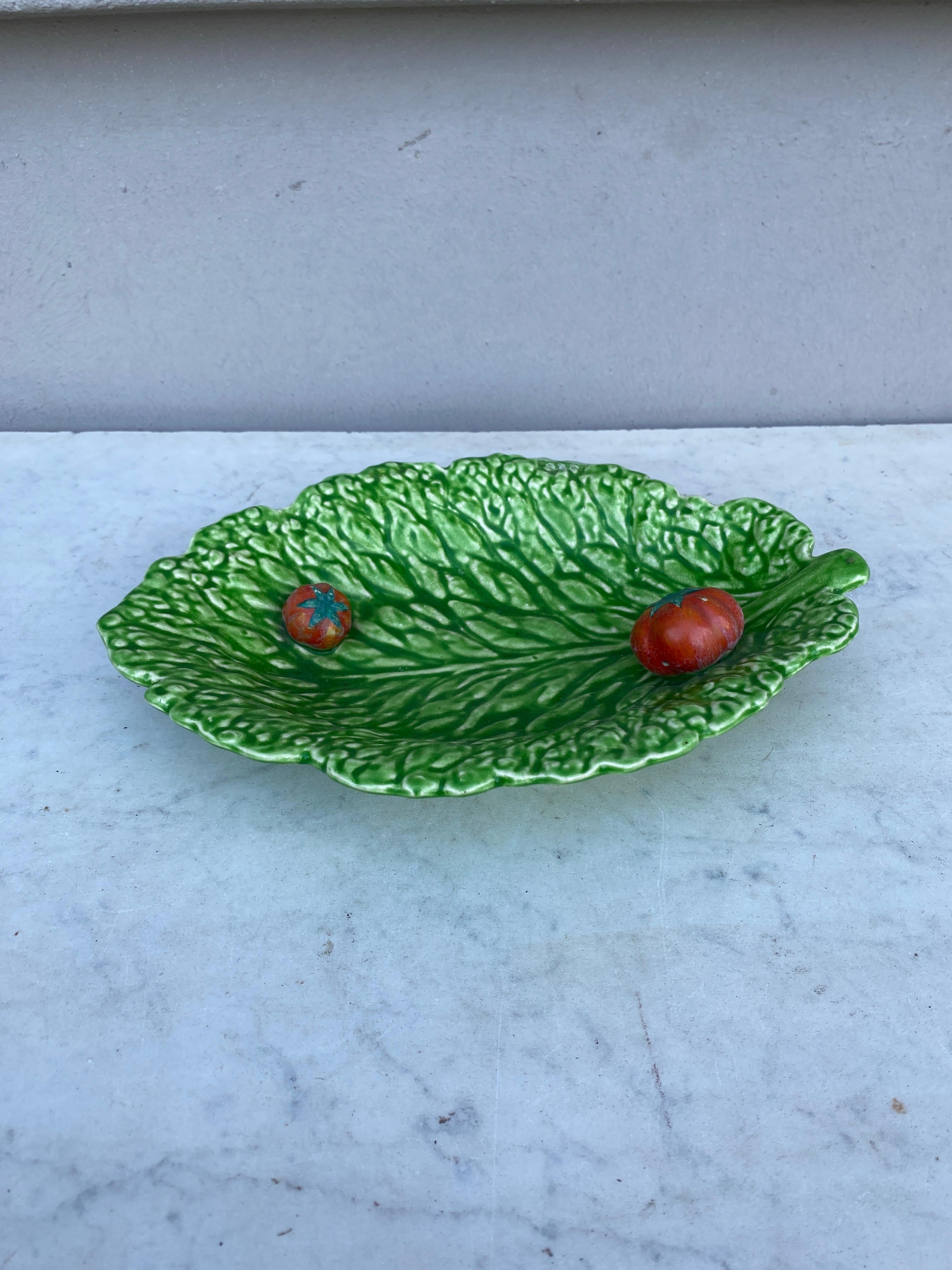 Rustic Majolica Leaf & Tomato Platter Sarreguemines, circa 1930